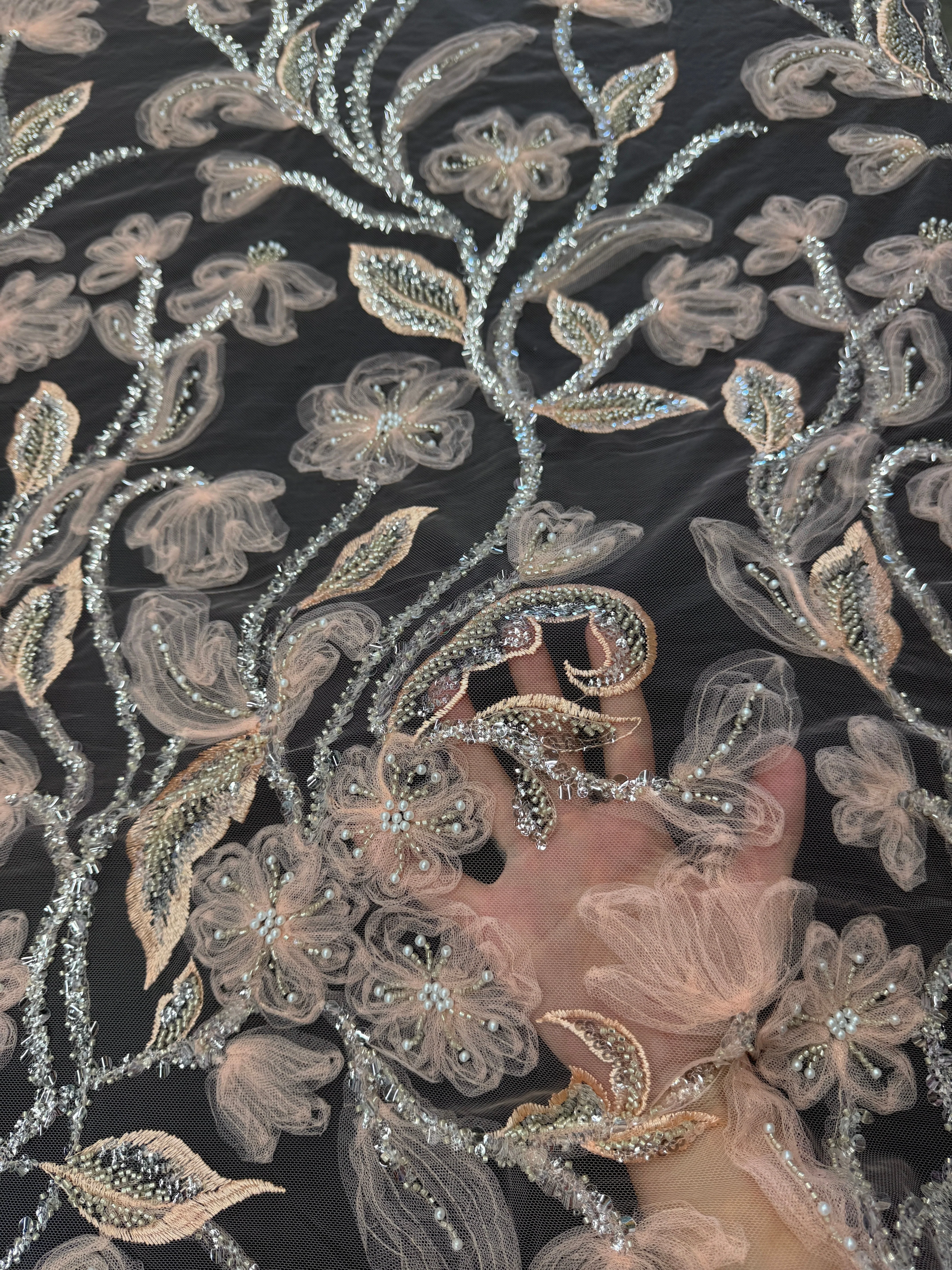 Peach 3D Floral Tulle Beaded Lace Mesh - Image 7