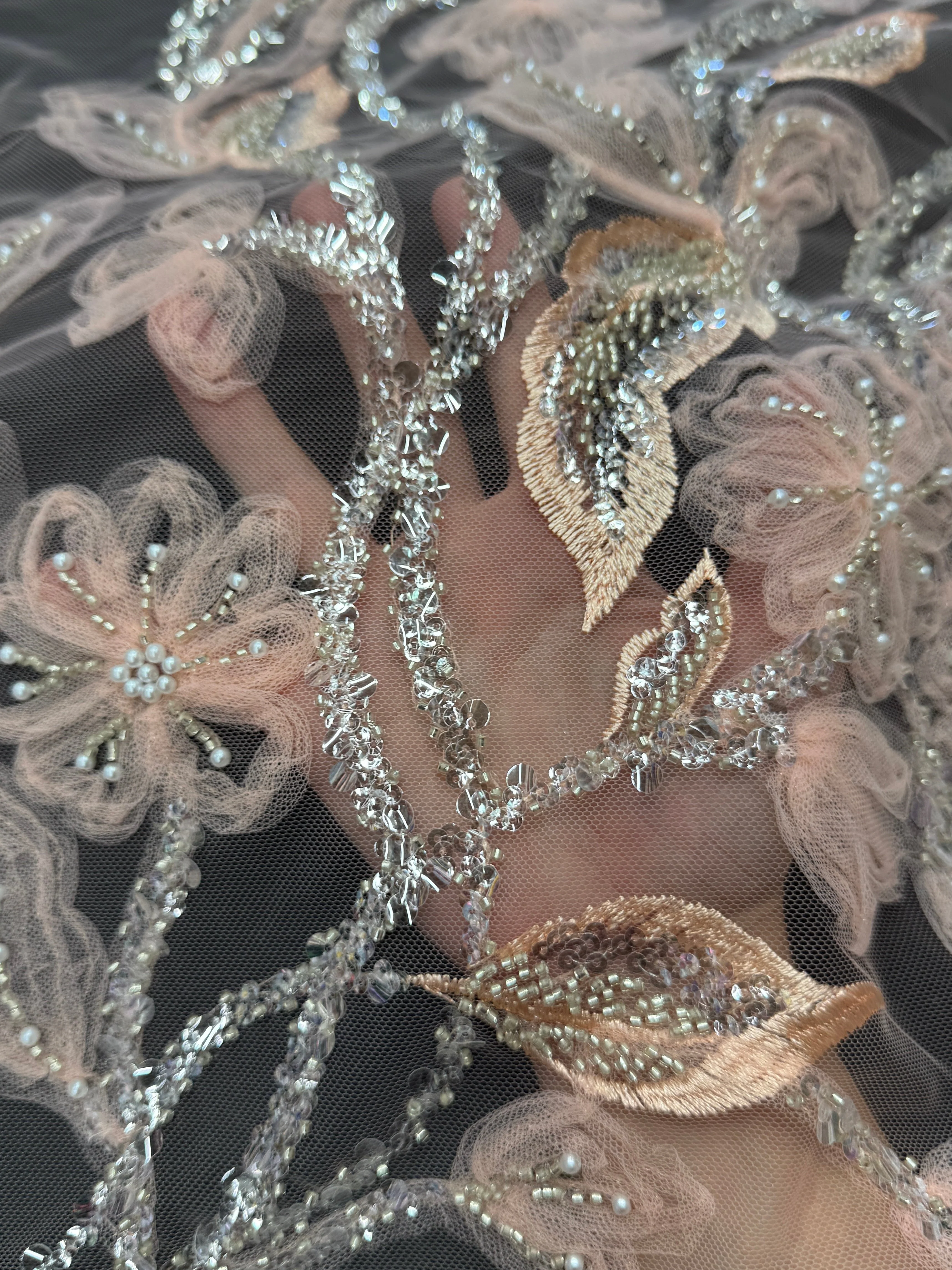 Peach 3D Floral Tulle Beaded Lace Mesh - Image 8