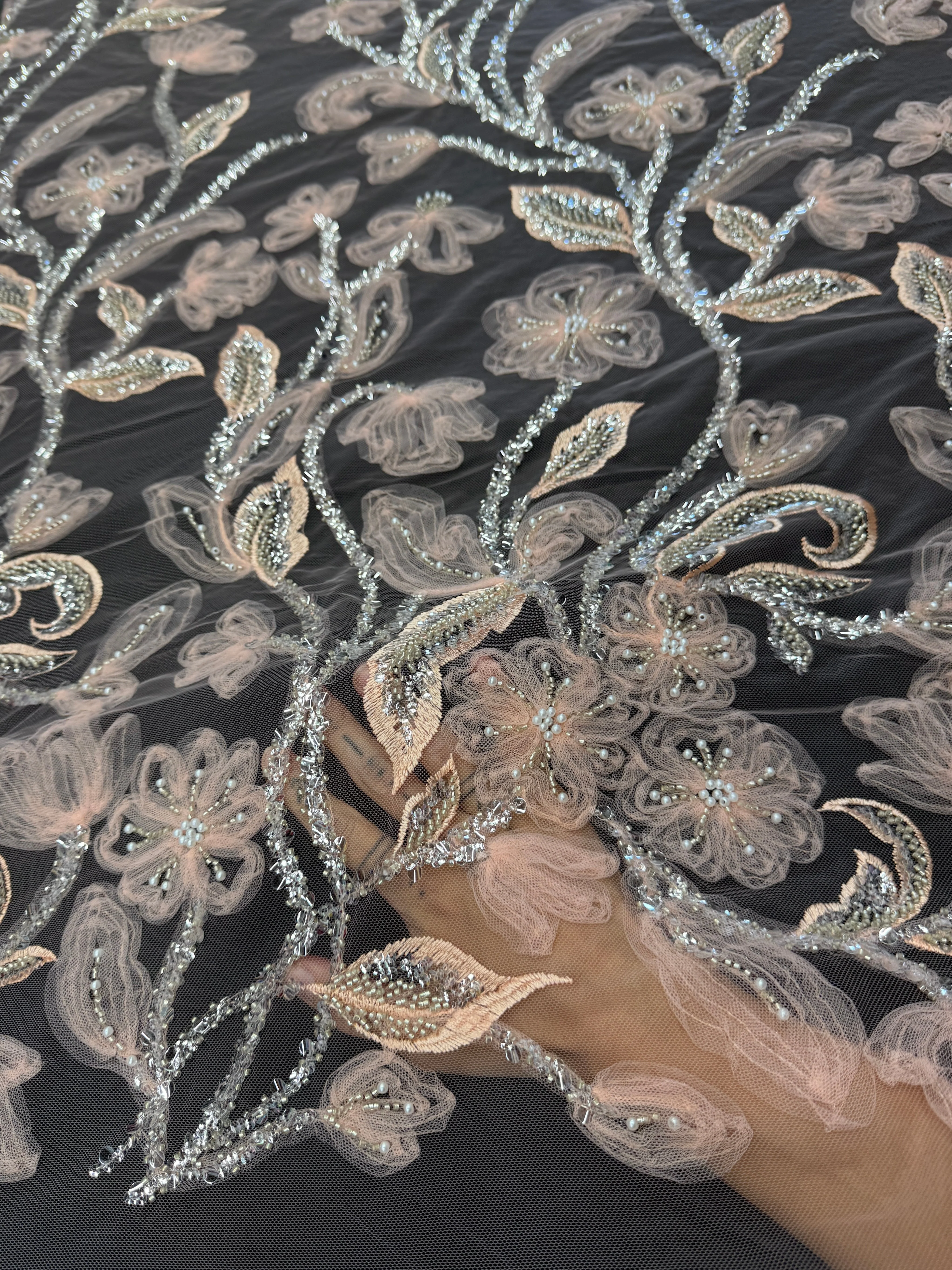 Peach 3D Floral Tulle Beaded Lace Mesh - Image 9