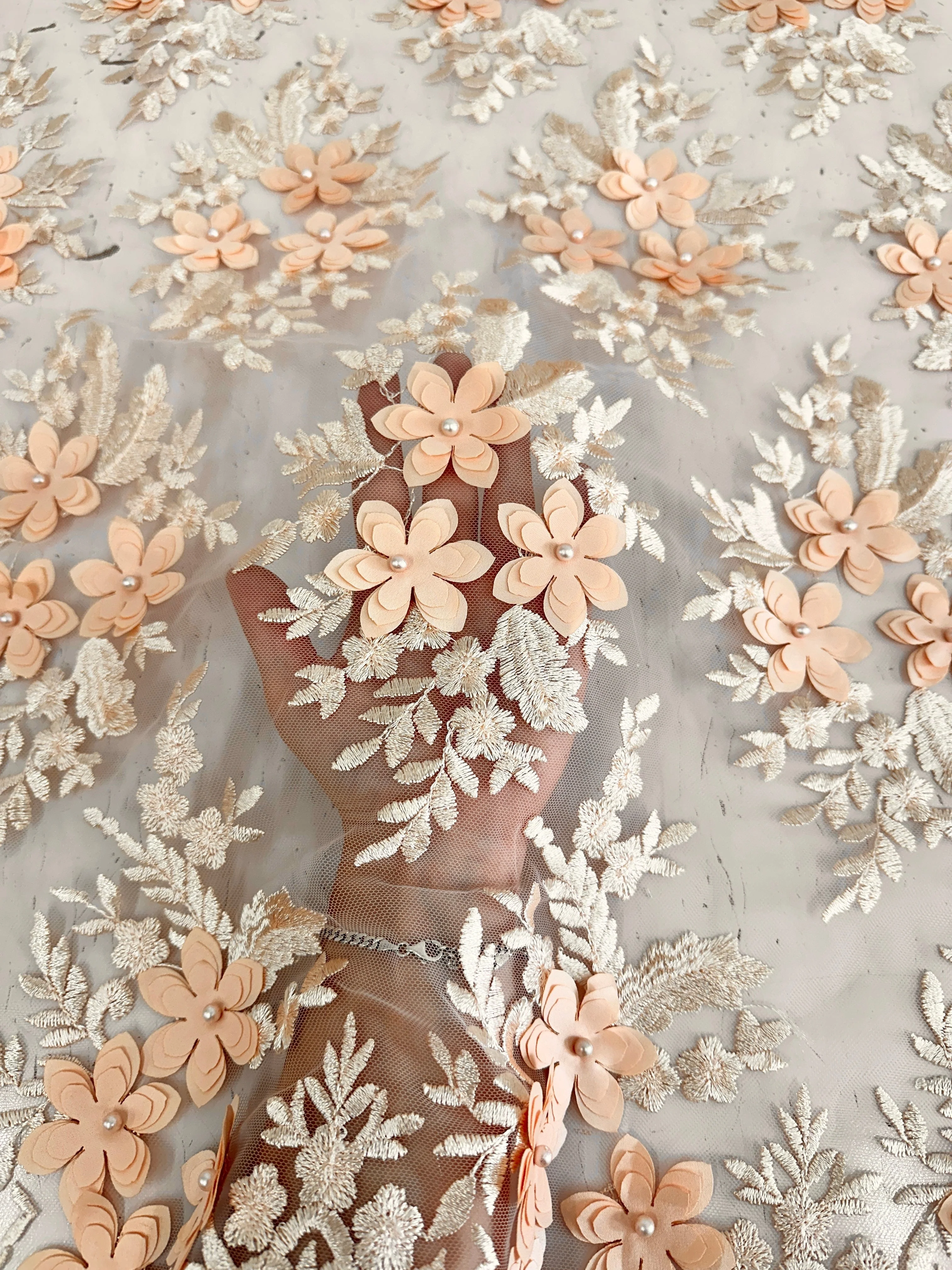 Peach 3D Flower Scalloped Mesh Lace