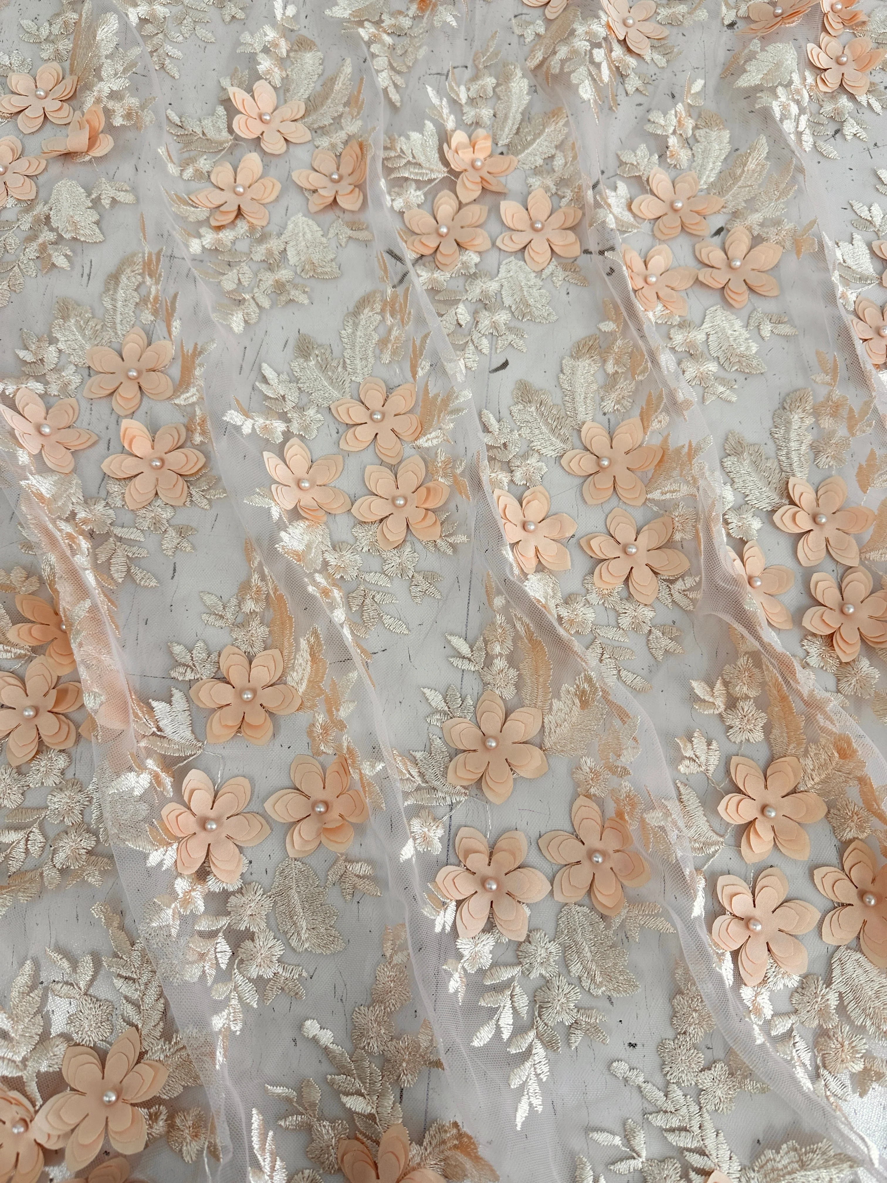 Peach 3D Flower Scalloped Mesh Lace - Image 2