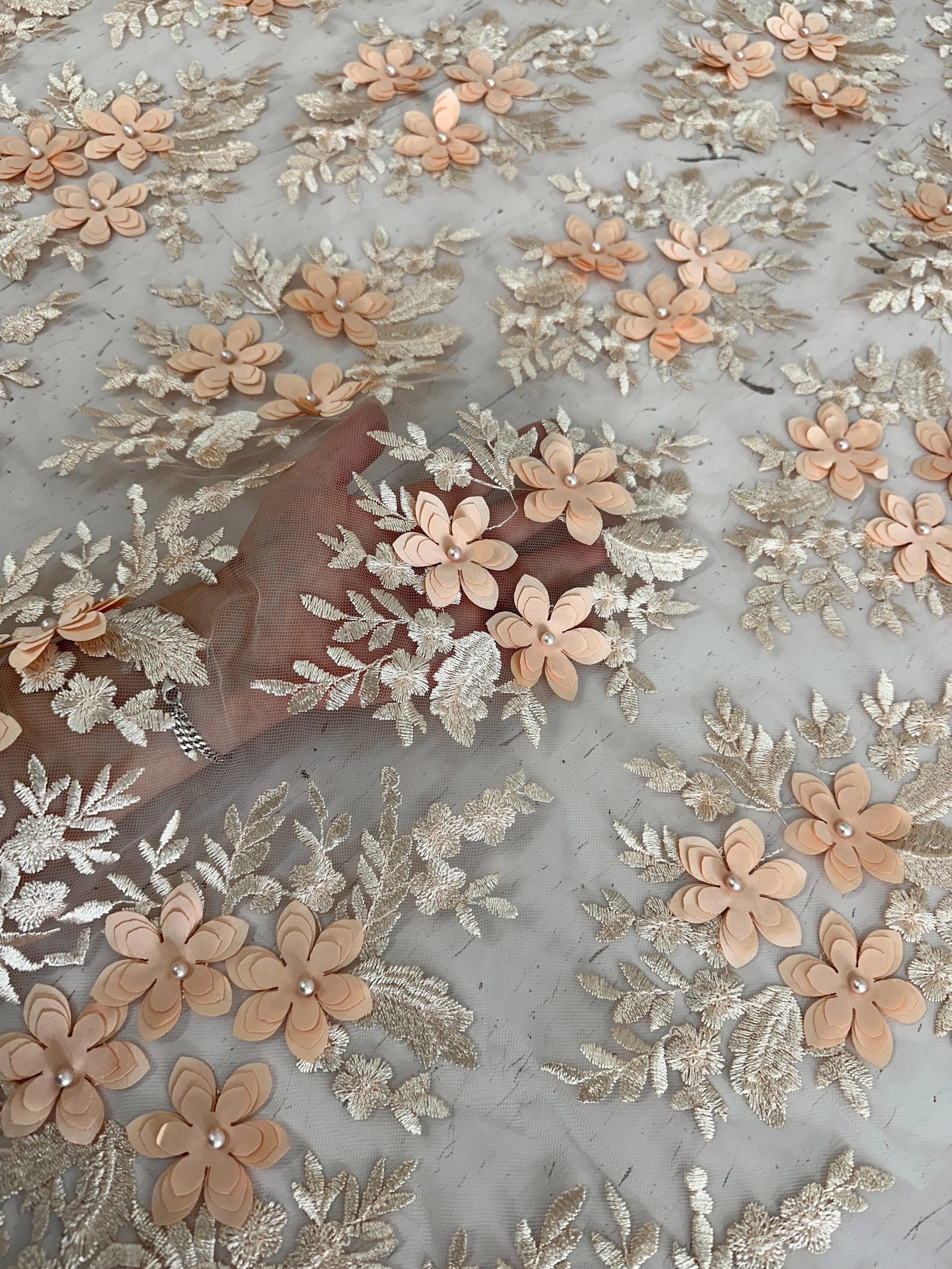 Peach 3D Flower Scalloped Mesh Lace - Image 6