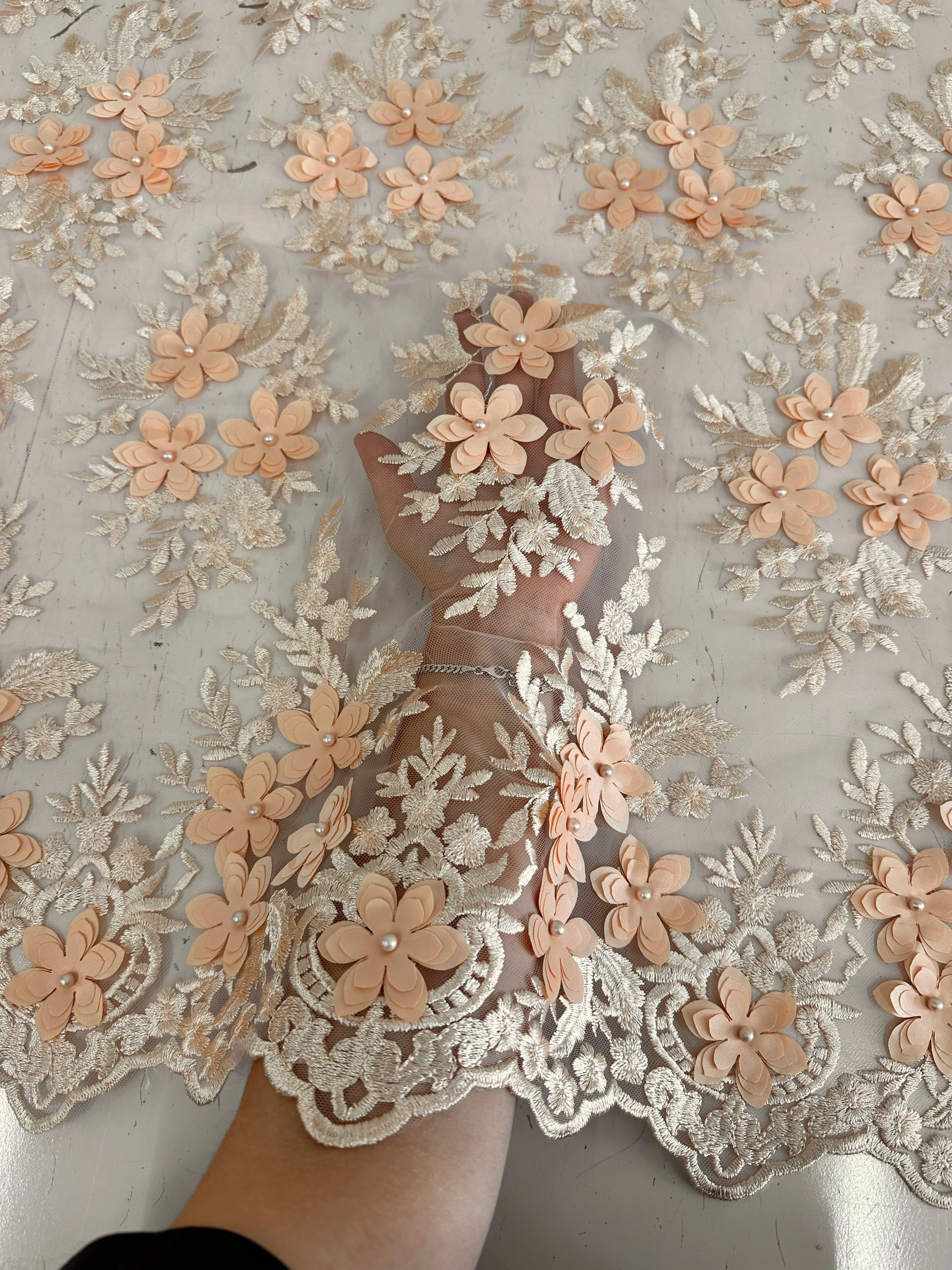 Peach 3D Flower Scalloped Mesh Lace - Image 8