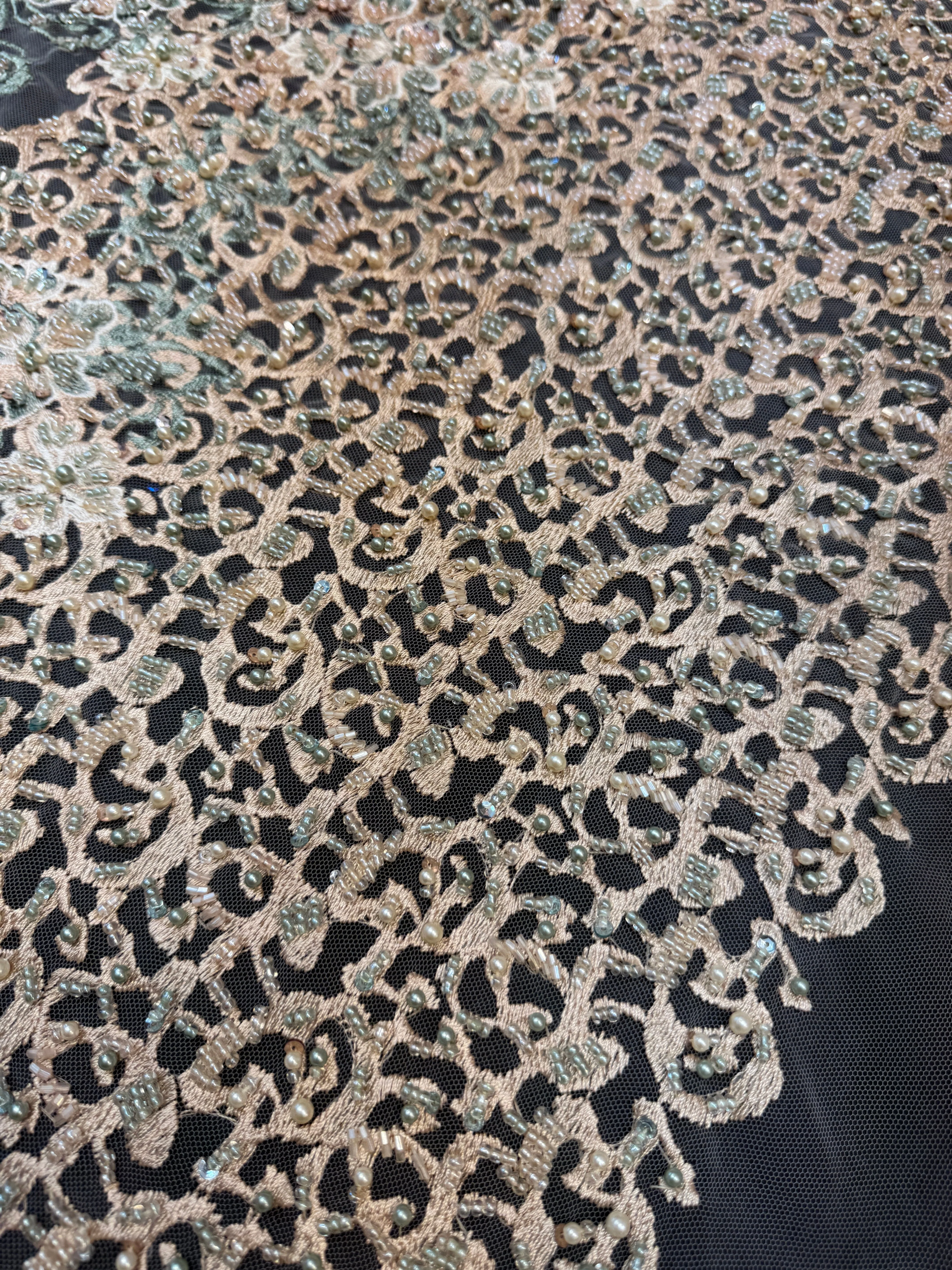 Peach-Mint Pearl Beaded Floral Embroidery Lace - Image 3