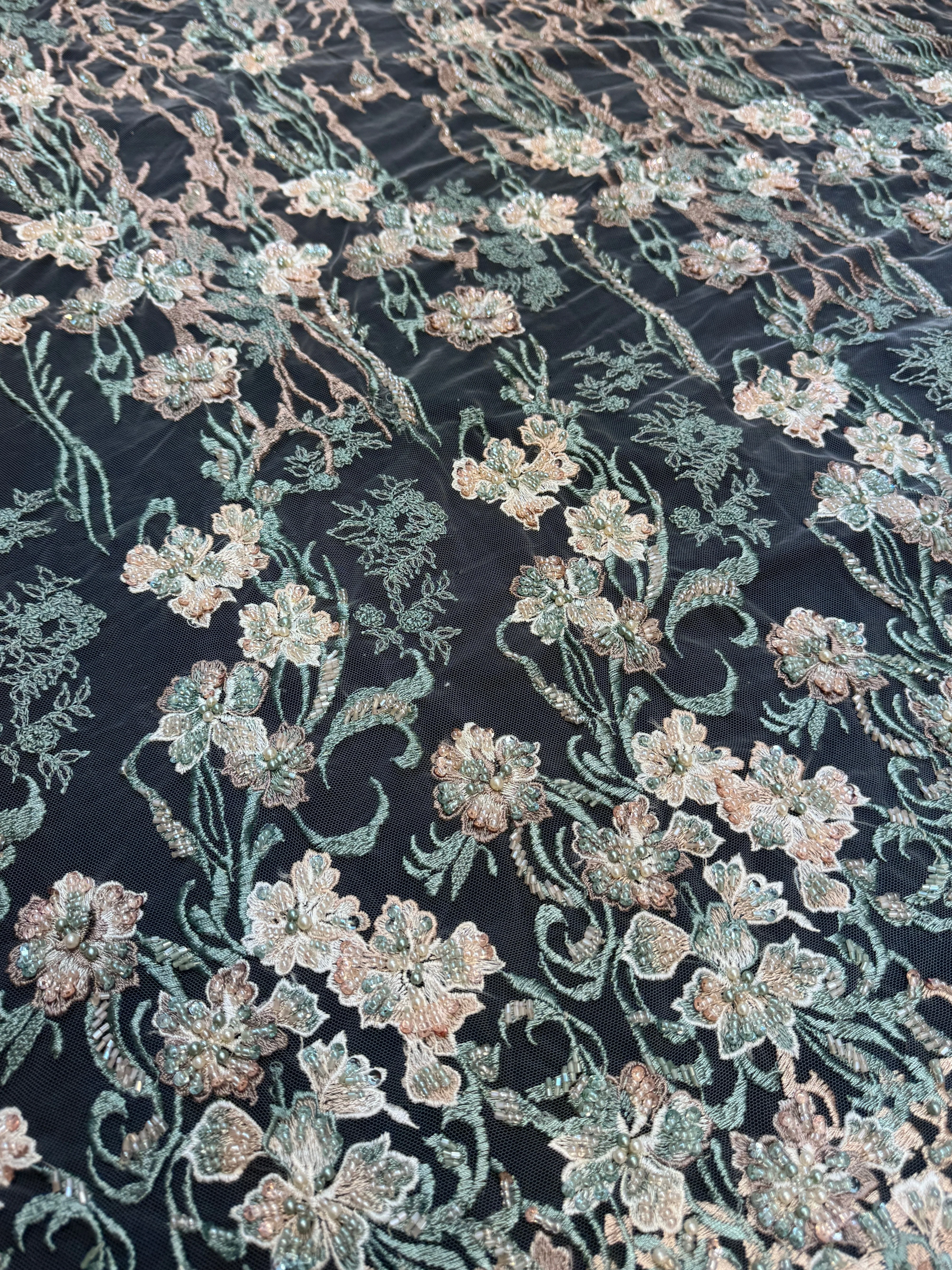 Peach-Mint Pearl Beaded Floral Embroidery Lace - Image 4