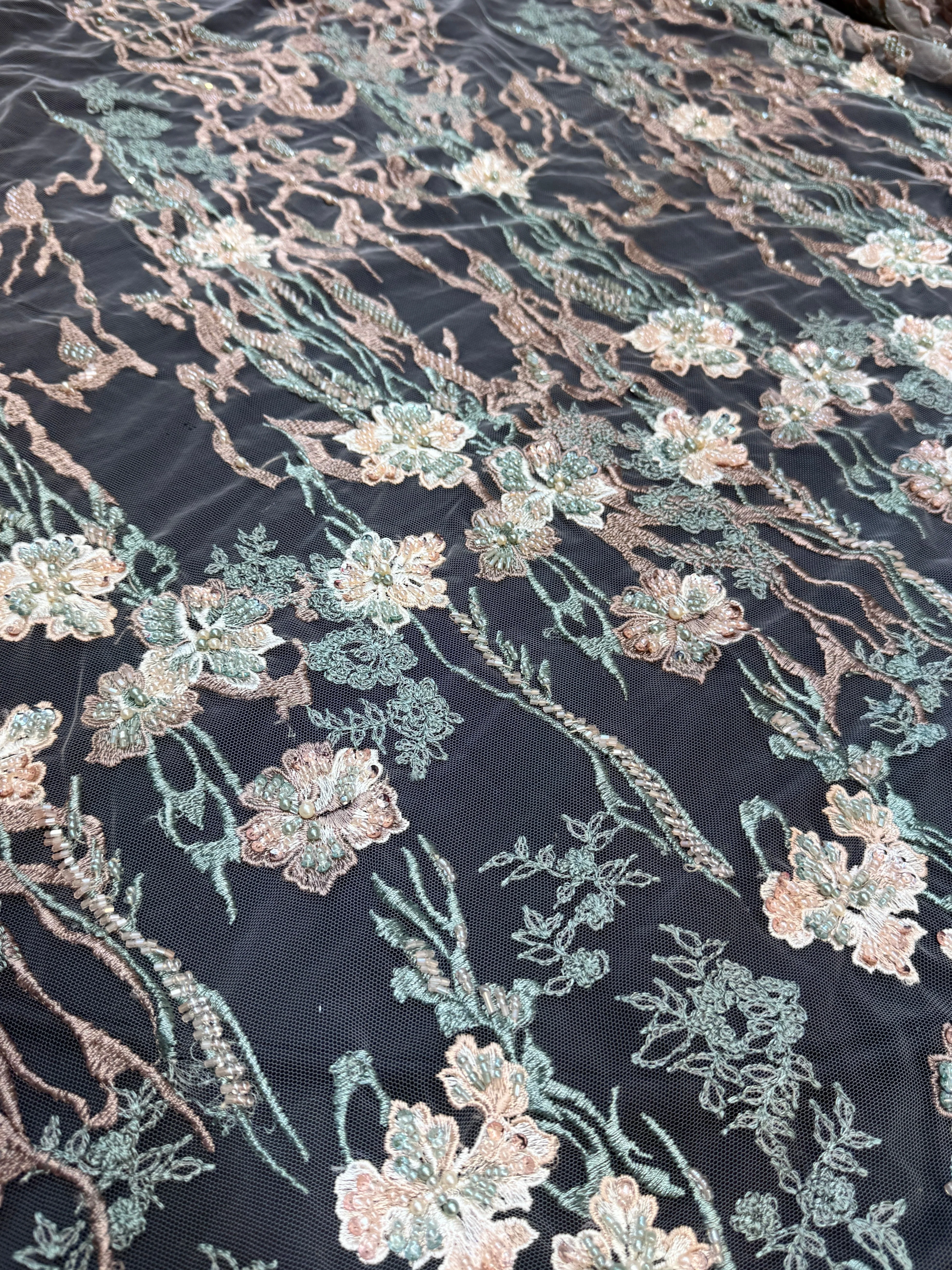 Peach-Mint Pearl Beaded Floral Embroidery Lace - Image 5