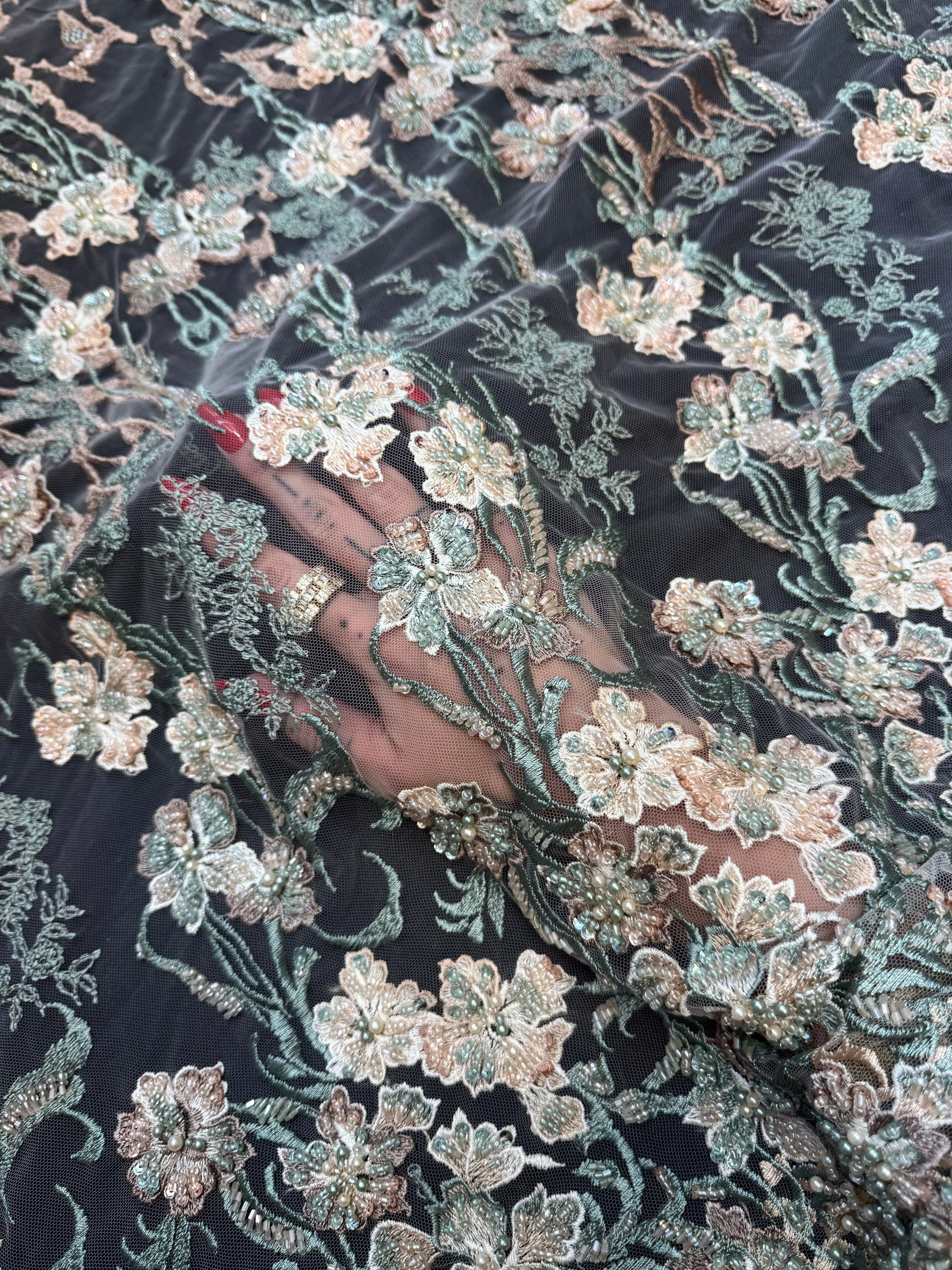 Peach-Mint Pearl Beaded Floral Embroidery Lace - Image 6