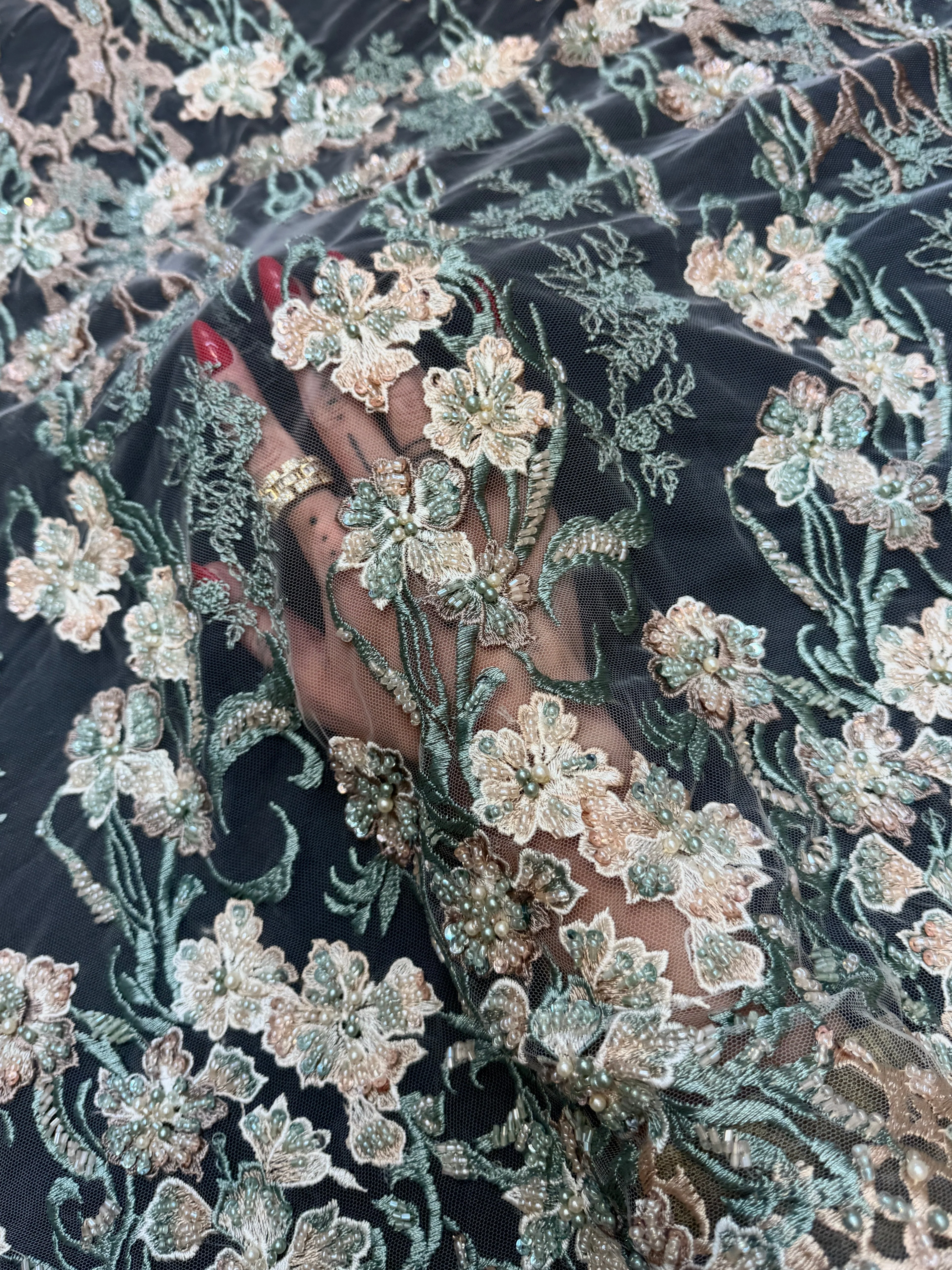 Peach-Mint Pearl Beaded Floral Embroidery Lace - Image 7