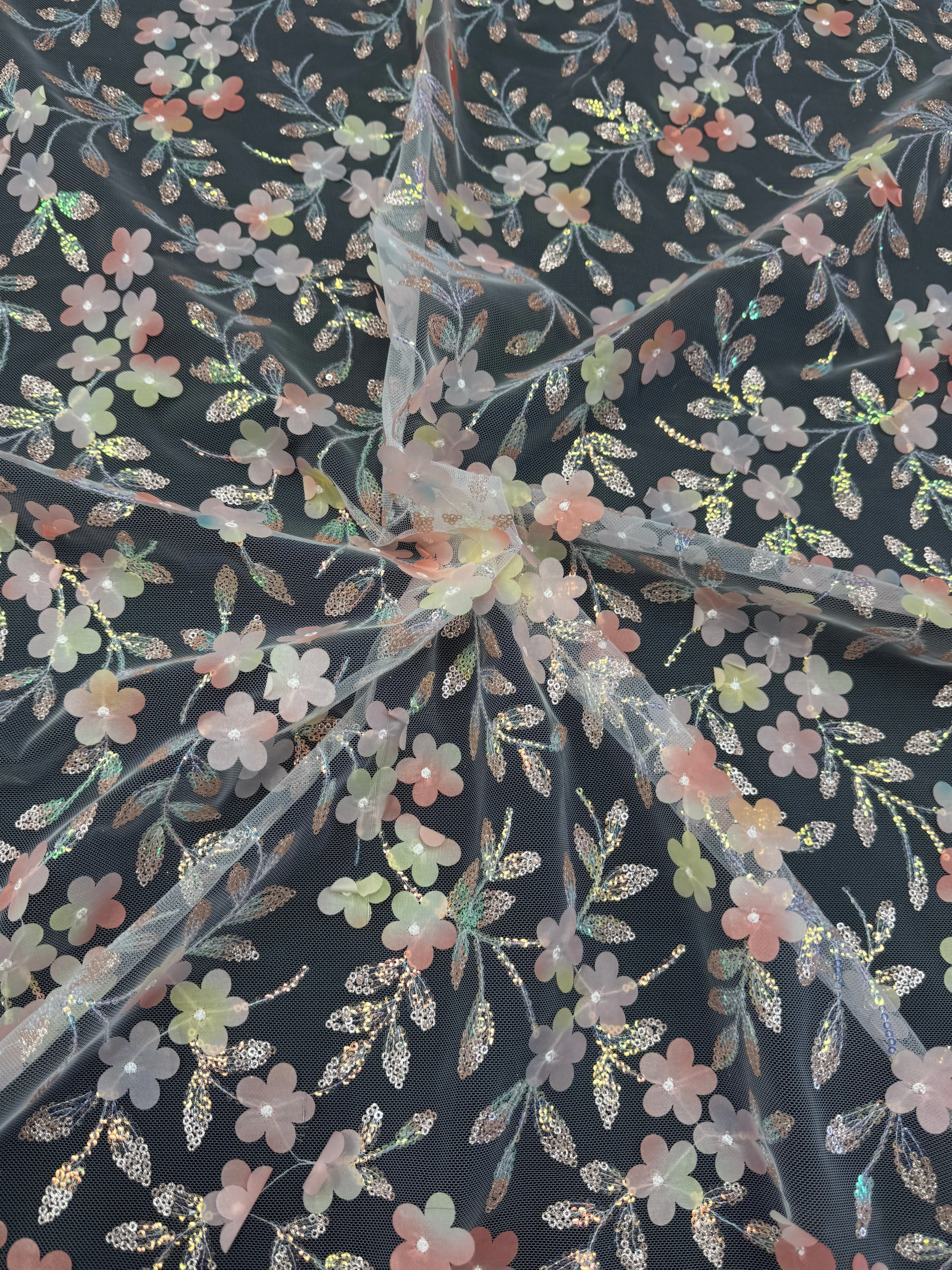 Peach Multicolor 3D Floral Embroidered Tulle - Image 2