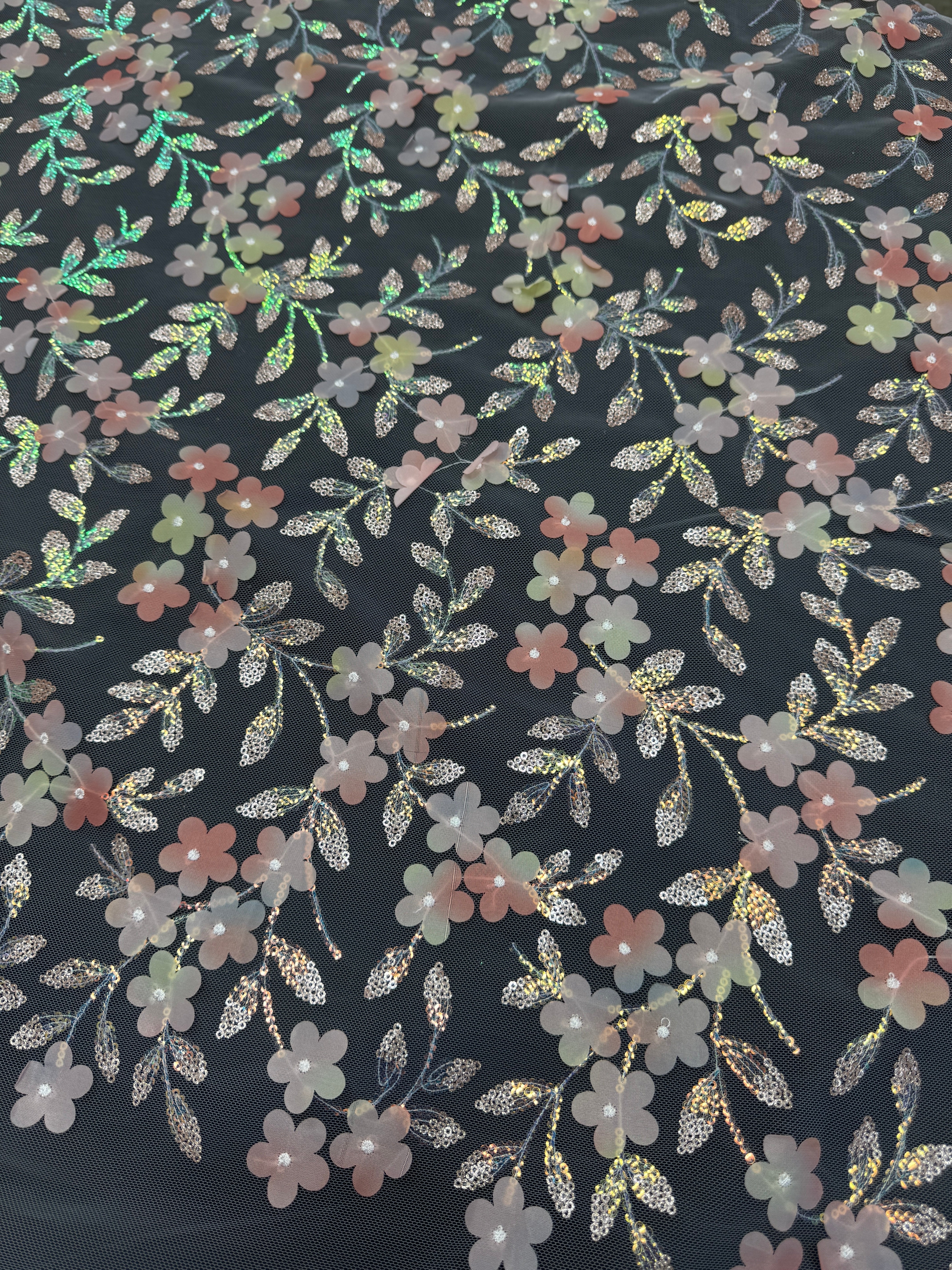 Peach Multicolor 3D Floral Embroidered Tulle - Image 3