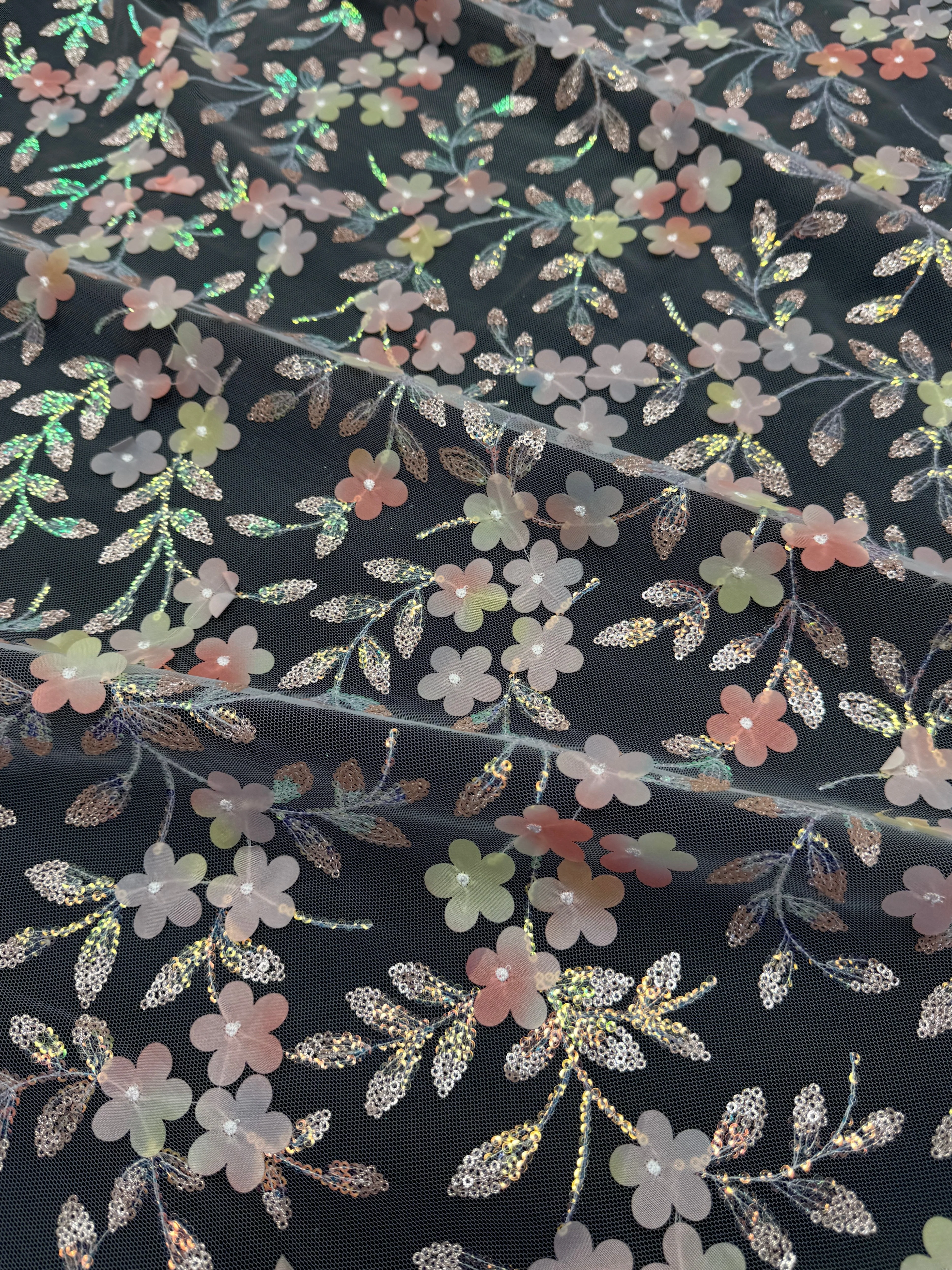Peach Multicolor 3D Floral Embroidered Tulle - Image 4