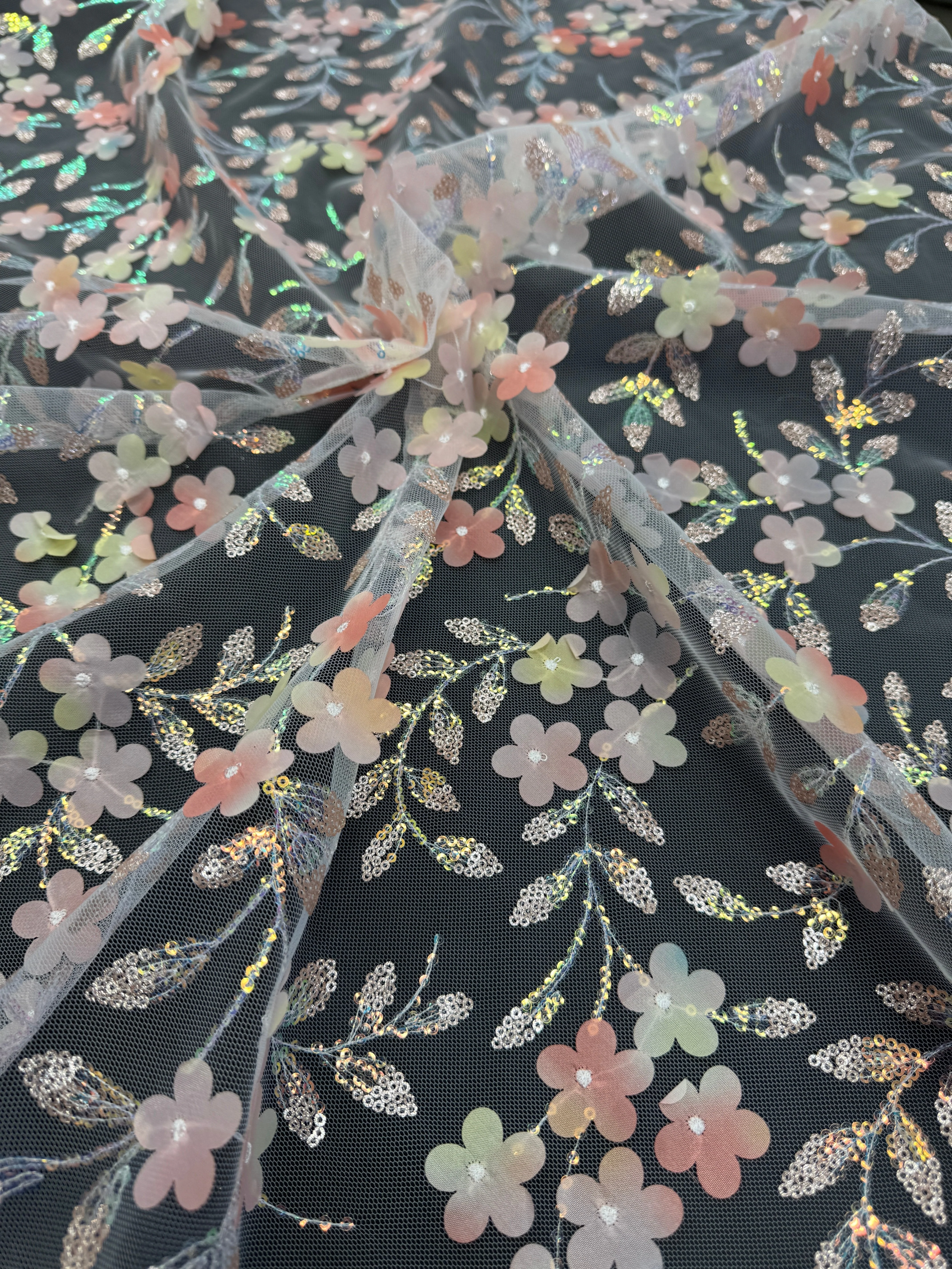 Peach Multicolor 3D Floral Embroidered Tulle - Image 5
