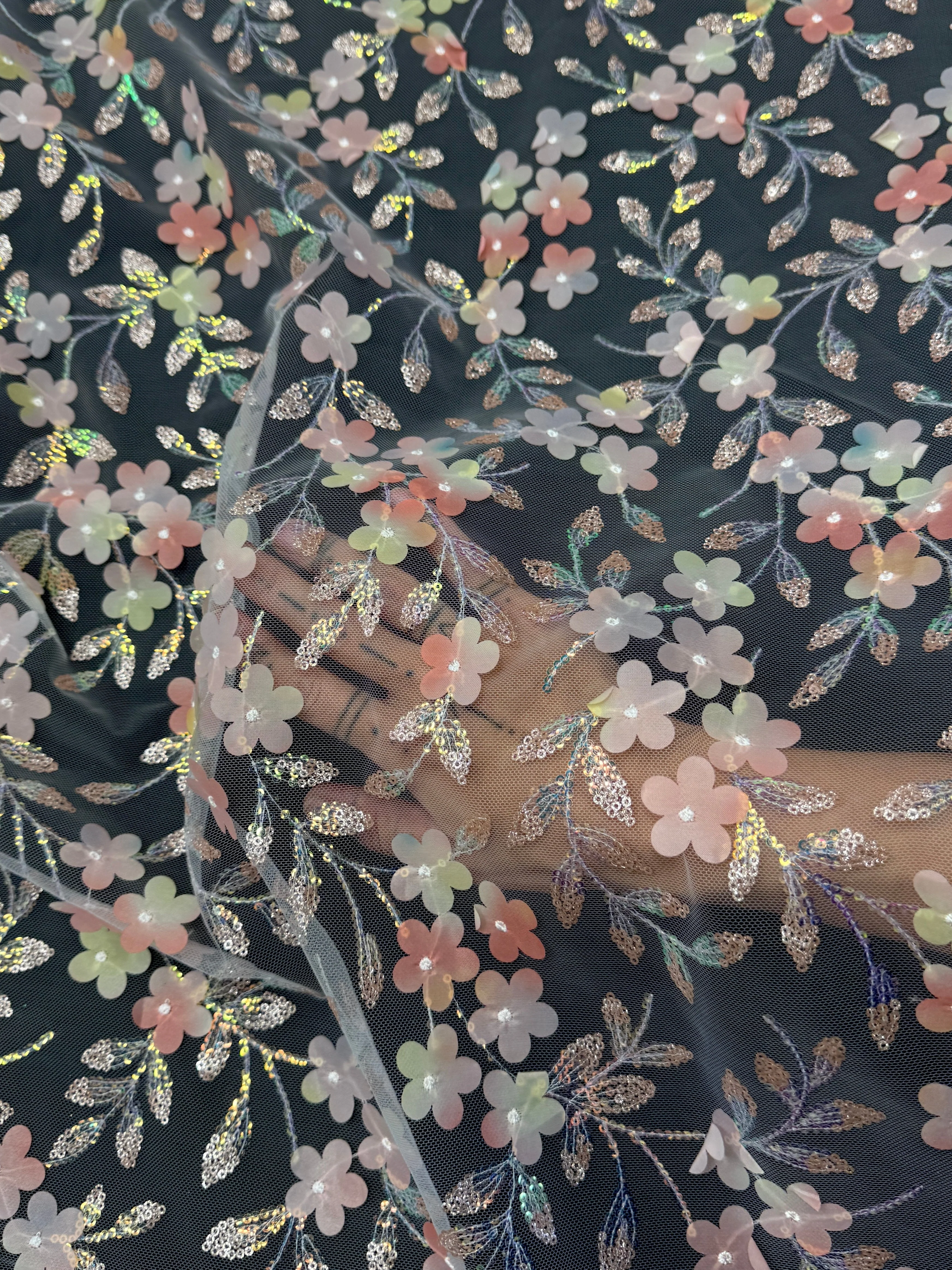 Peach Multicolor 3D Floral Embroidered Tulle - Image 7