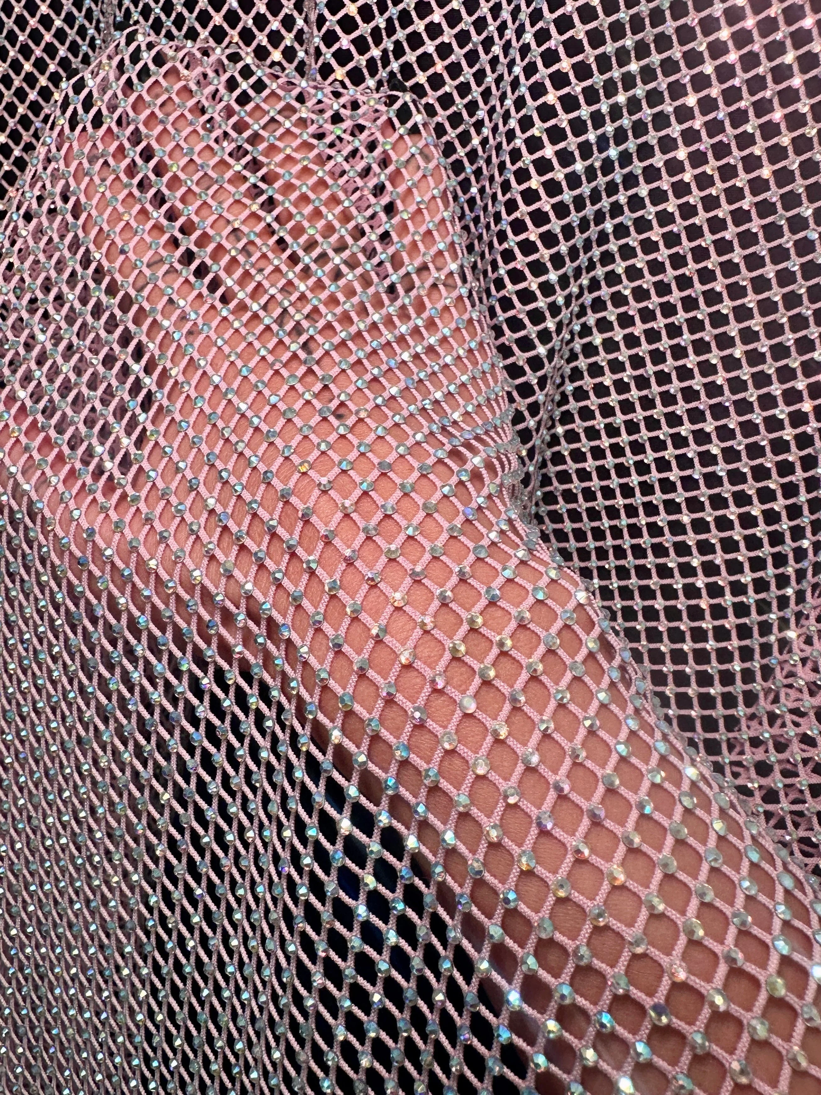 Pink Rhinestone Diamond Fishnet Mesh