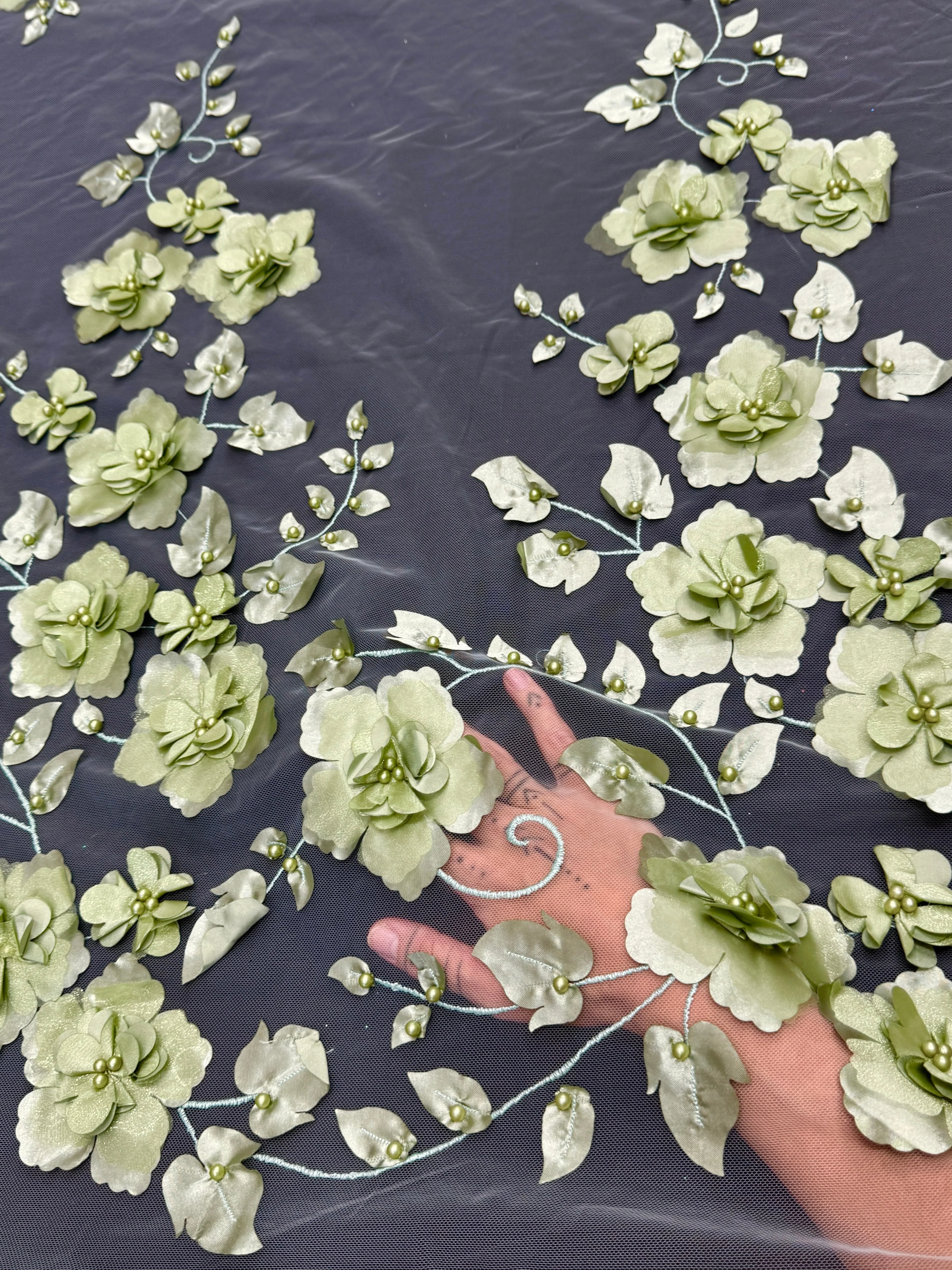 Pistachio 3D Flower Beaded Lace Mesh