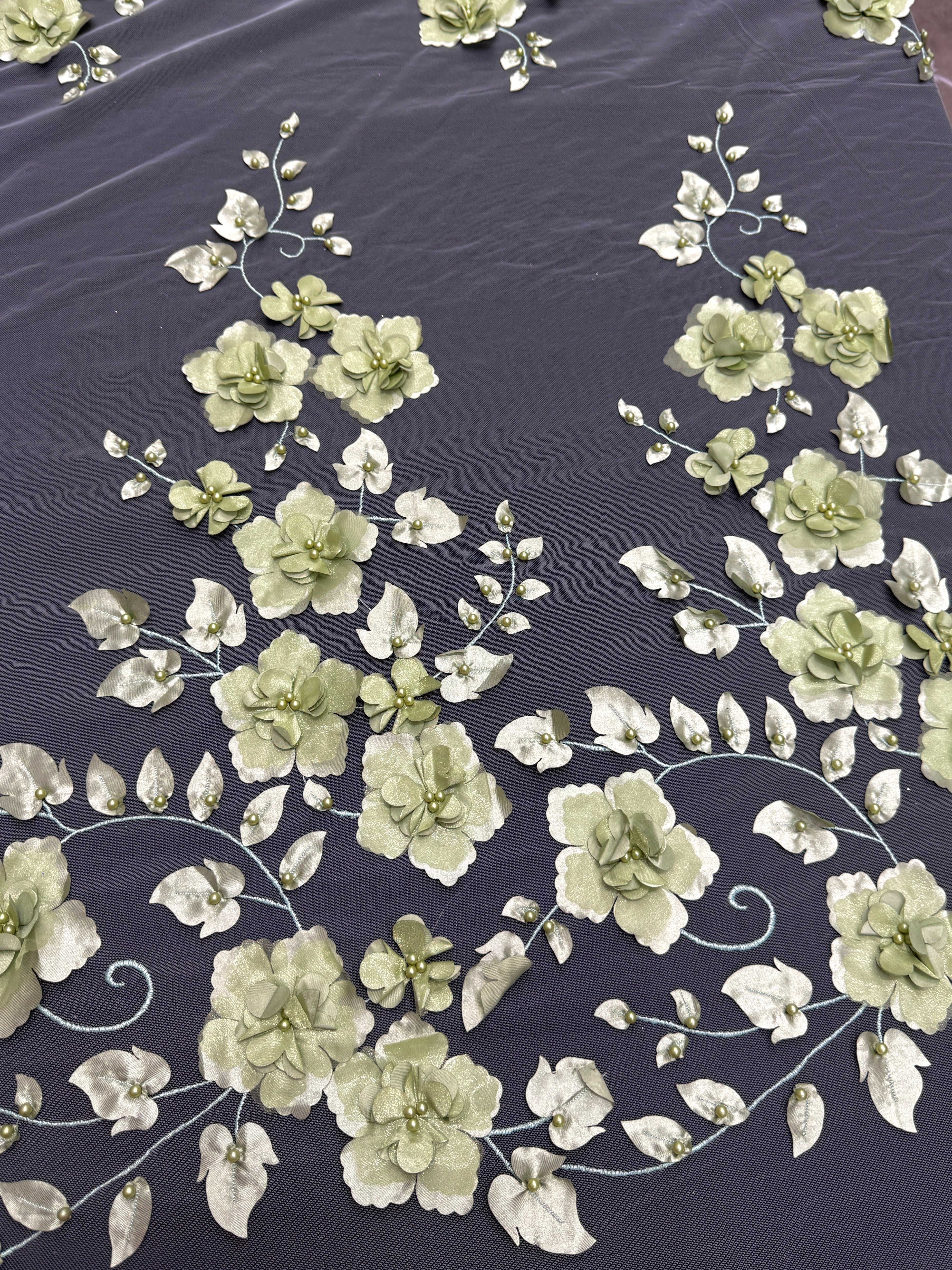Pistachio 3D Flower Beaded Lace Mesh - Image 2