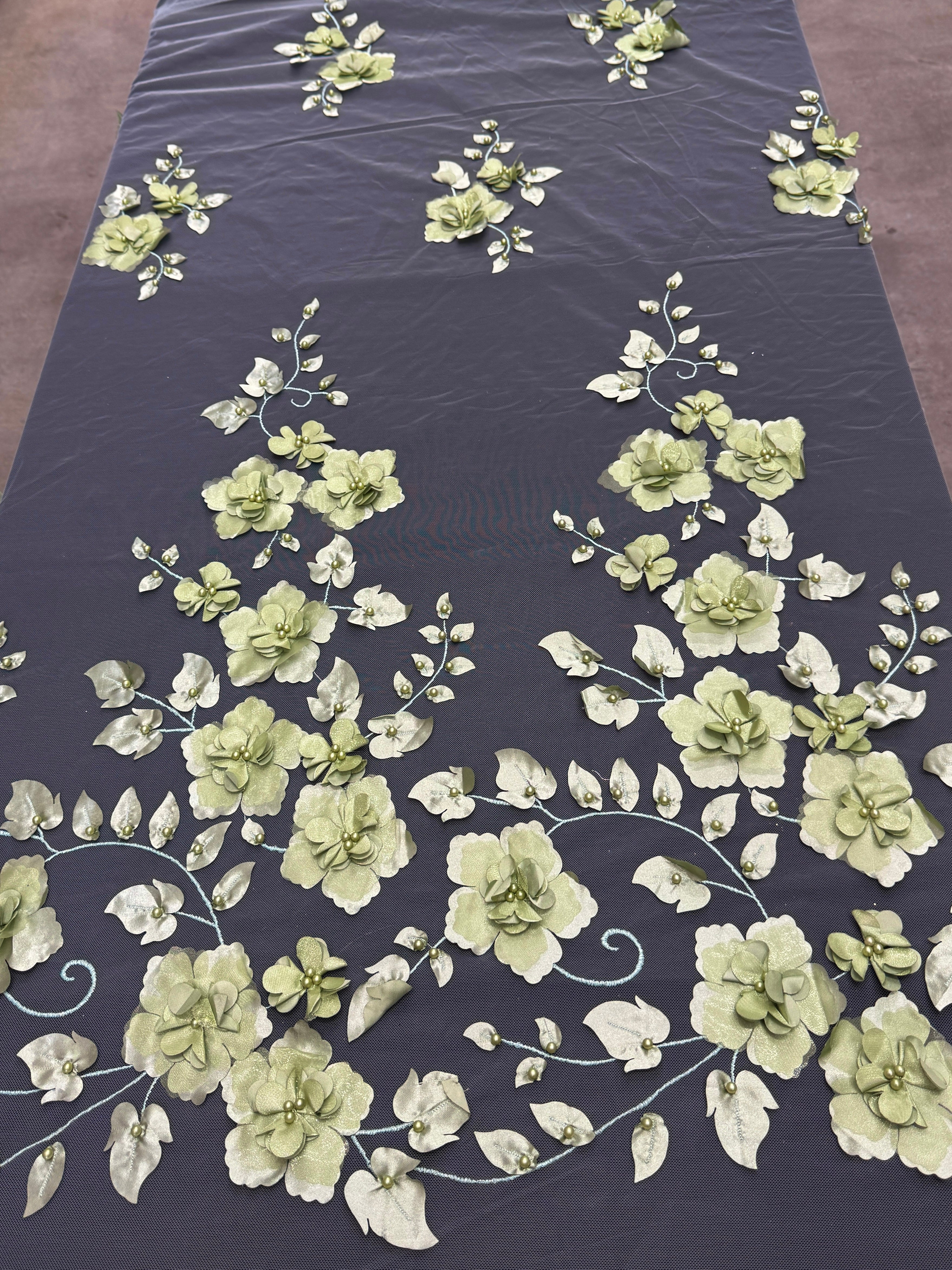 Pistachio 3D Flower Beaded Lace Mesh - Image 3