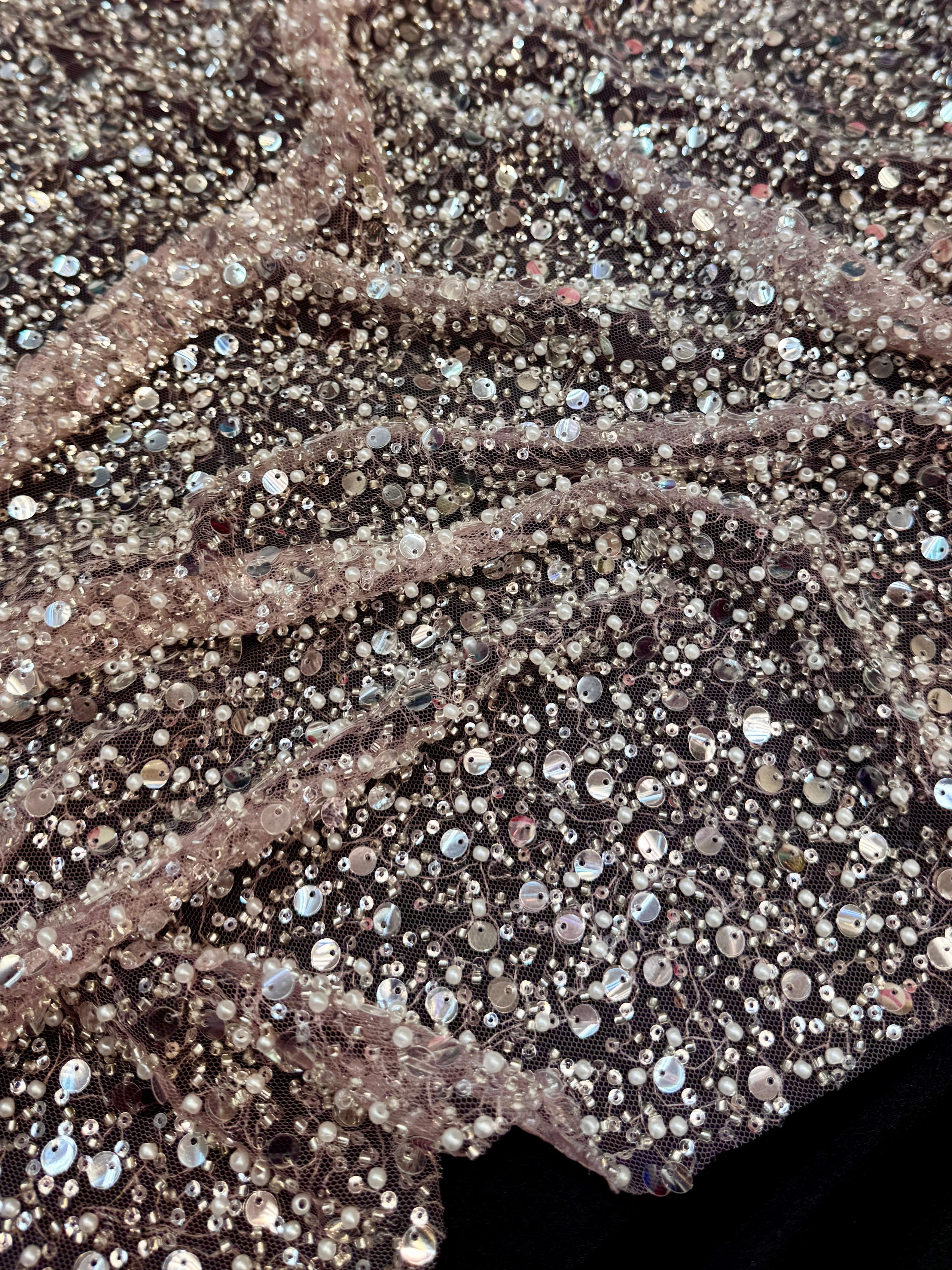 Powder Pink Beaded Sequin Pearl Embroidered Mesh Lace