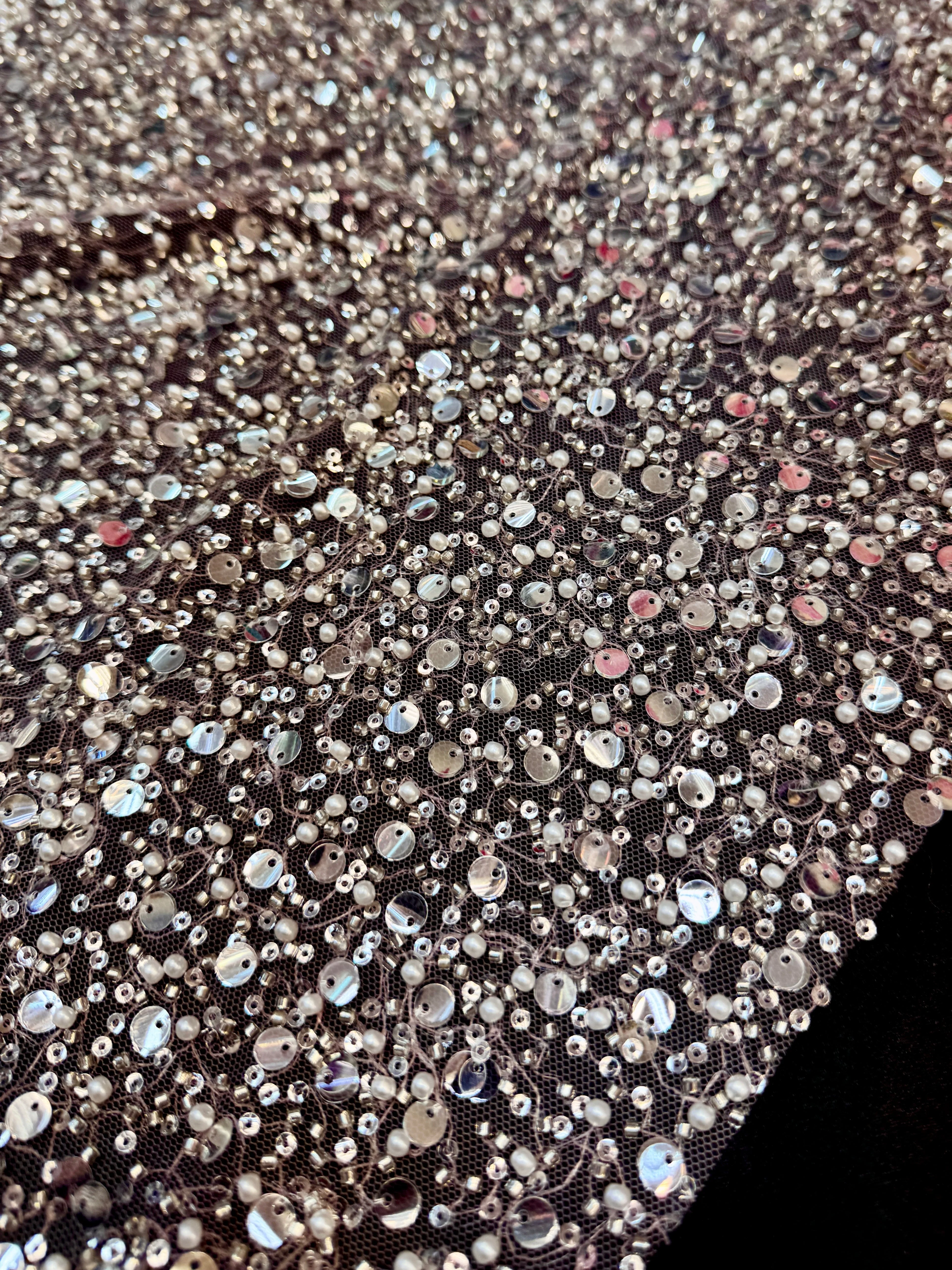 Powder Pink Beaded Sequin Pearl Embroidered Mesh Lace - Image 2