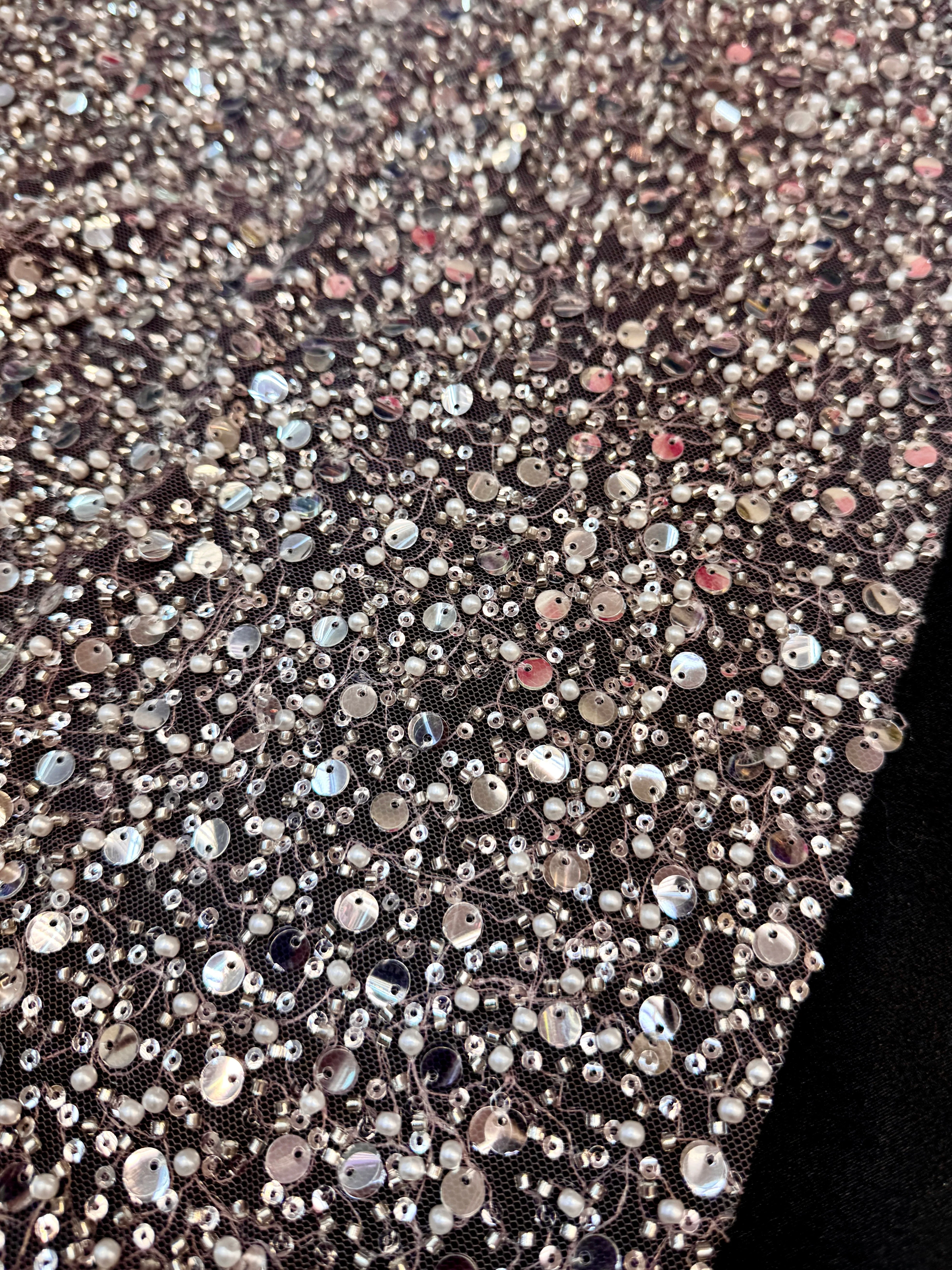 Powder Pink Beaded Sequin Pearl Embroidered Mesh Lace - Image 4