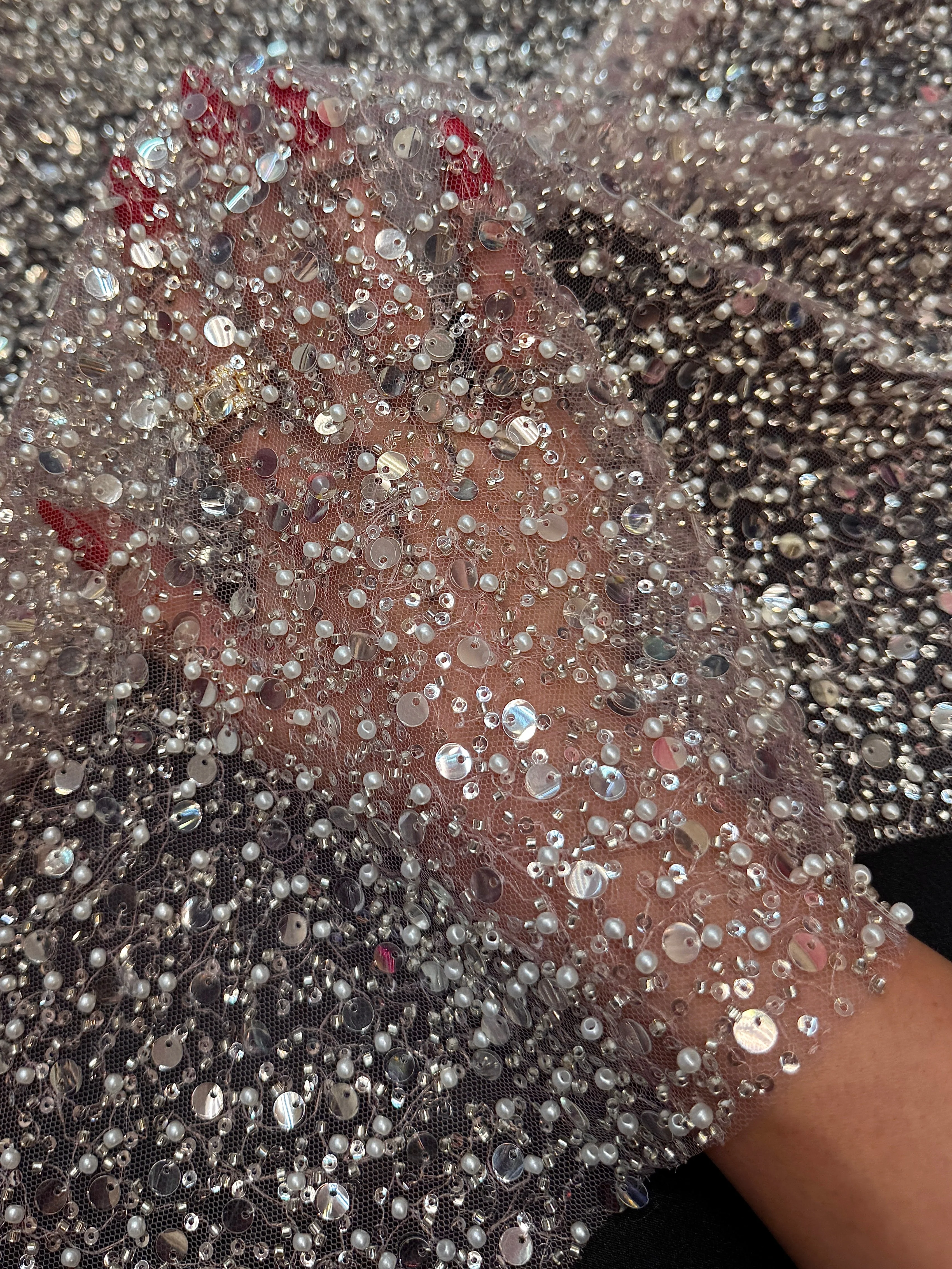 Powder Pink Beaded Sequin Pearl Embroidered Mesh Lace - Image 5