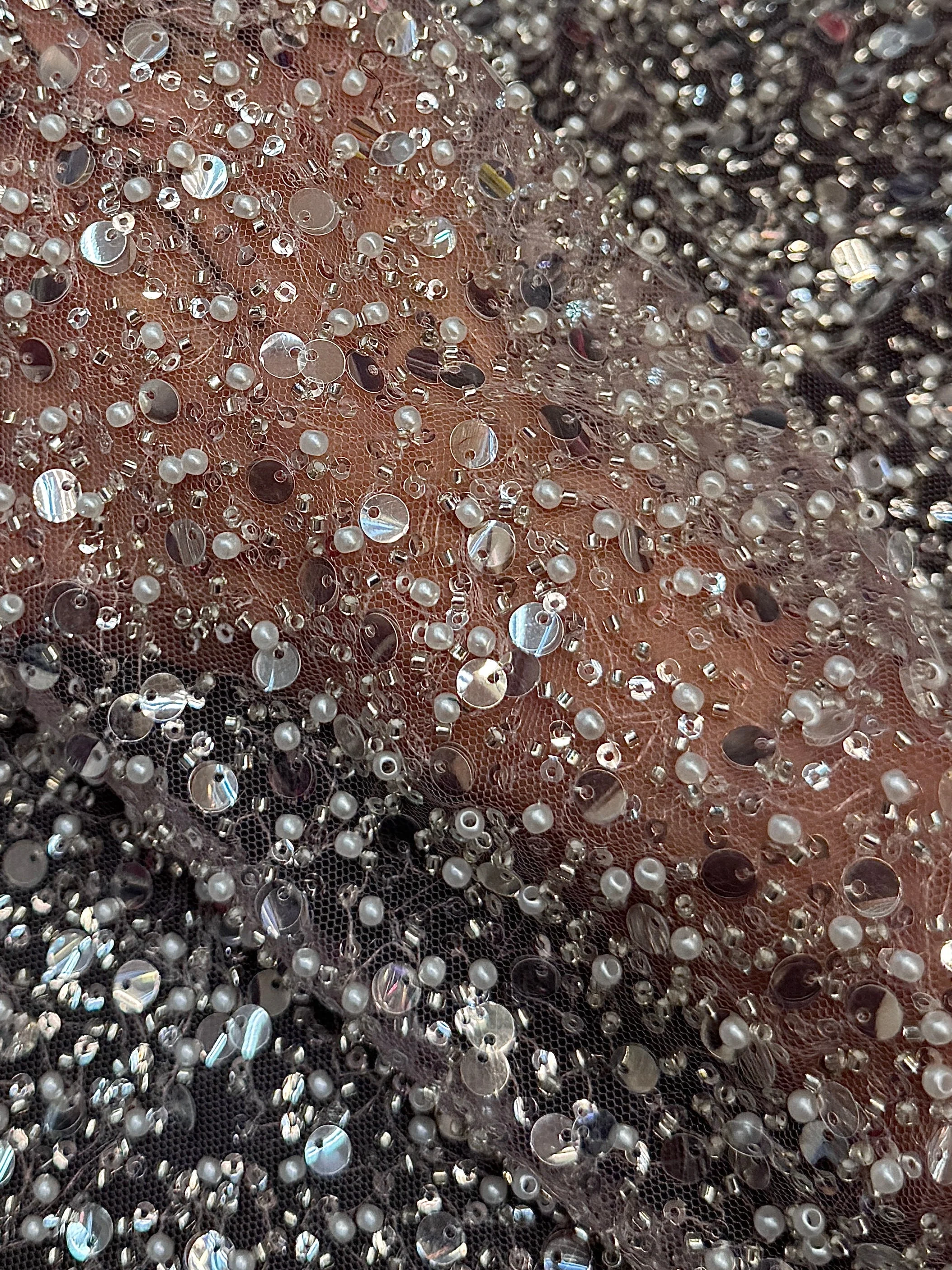 Powder Pink Beaded Sequin Pearl Embroidered Mesh Lace - Image 6