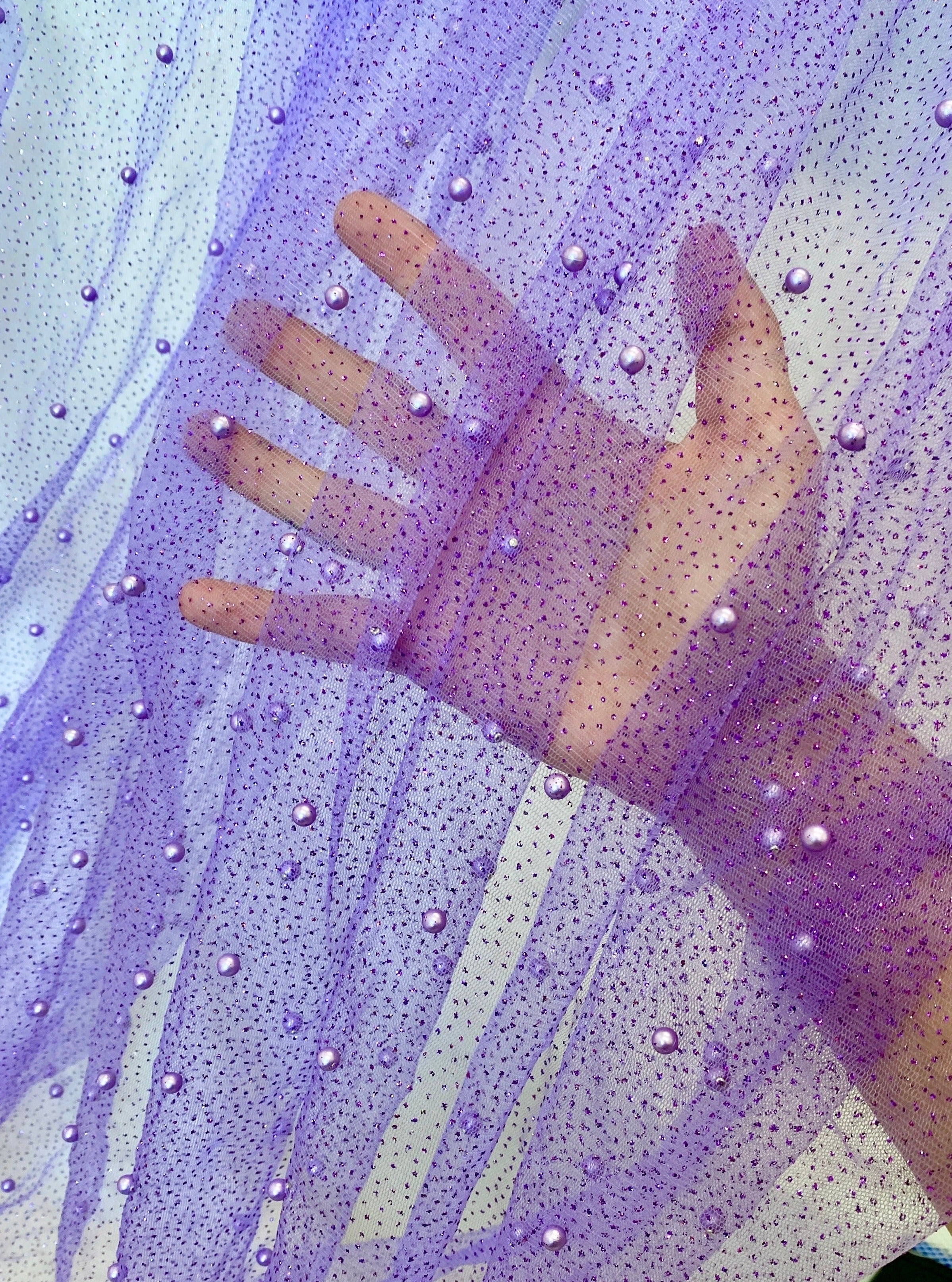 Lavender Pearl Beaded Glittery Mesh/Tulle