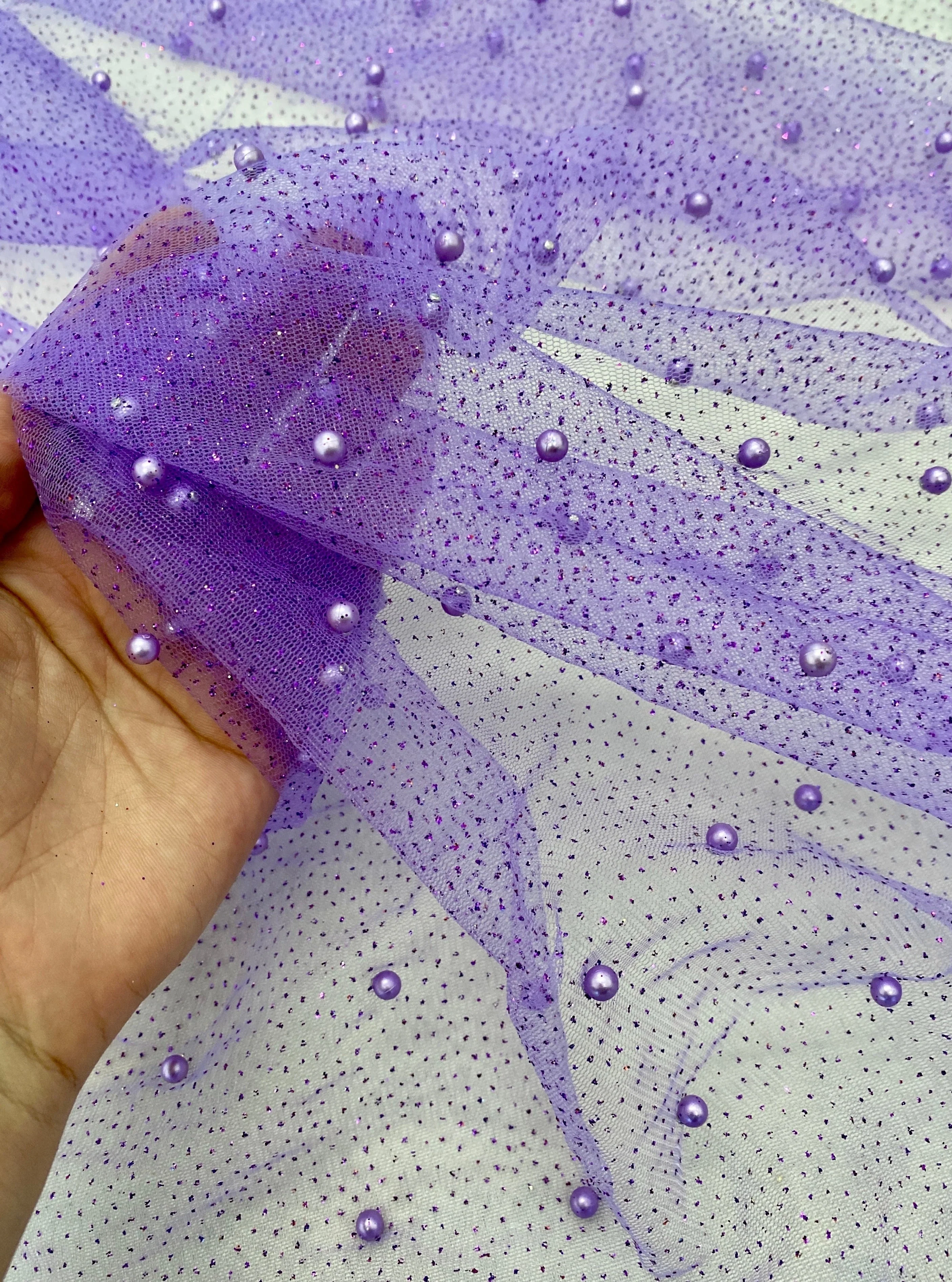 Lavender Pearl Beaded Glittery Mesh/Tulle - Image 2
