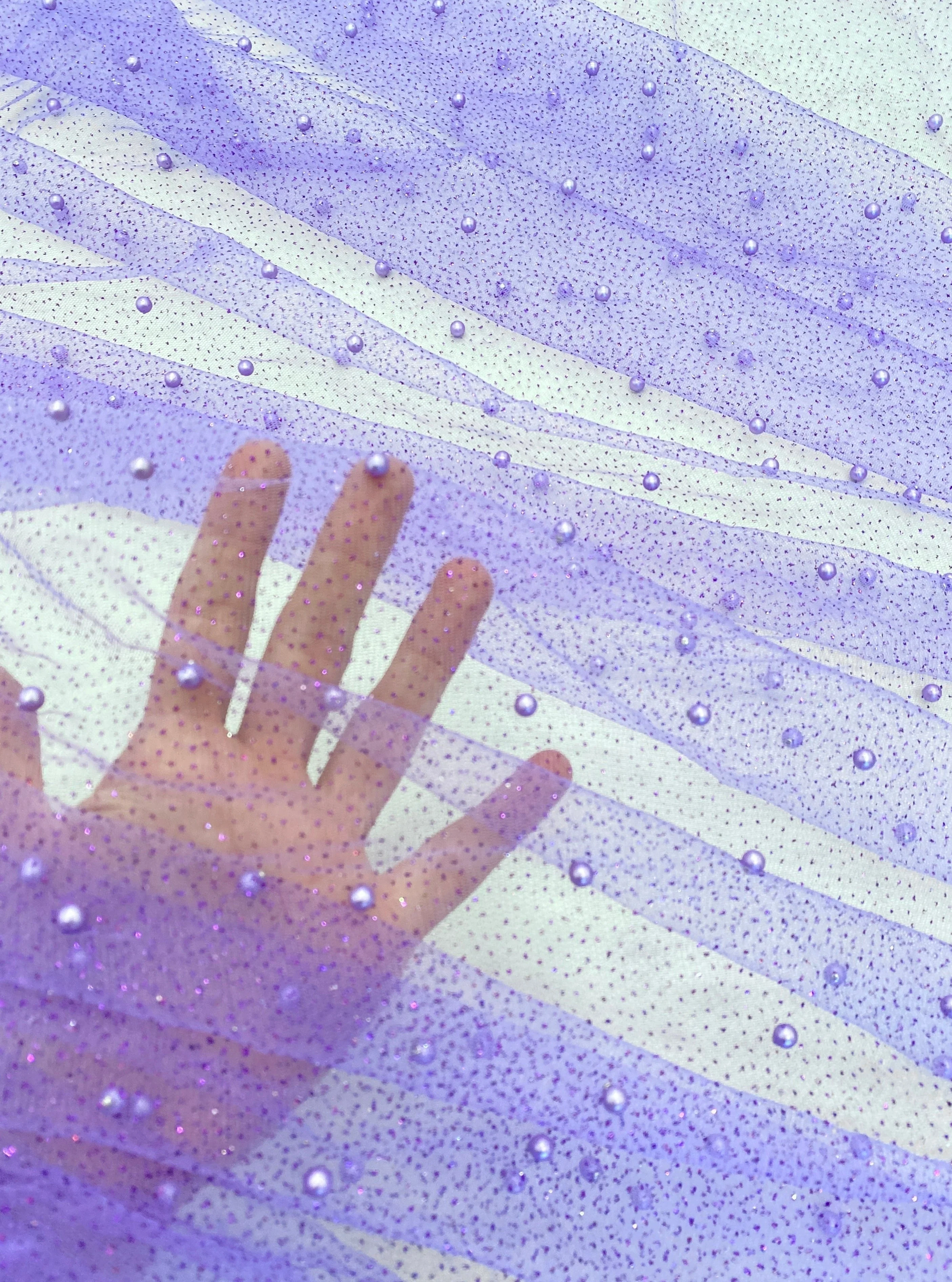 Lavender Pearl Beaded Glittery Mesh/Tulle - Image 5