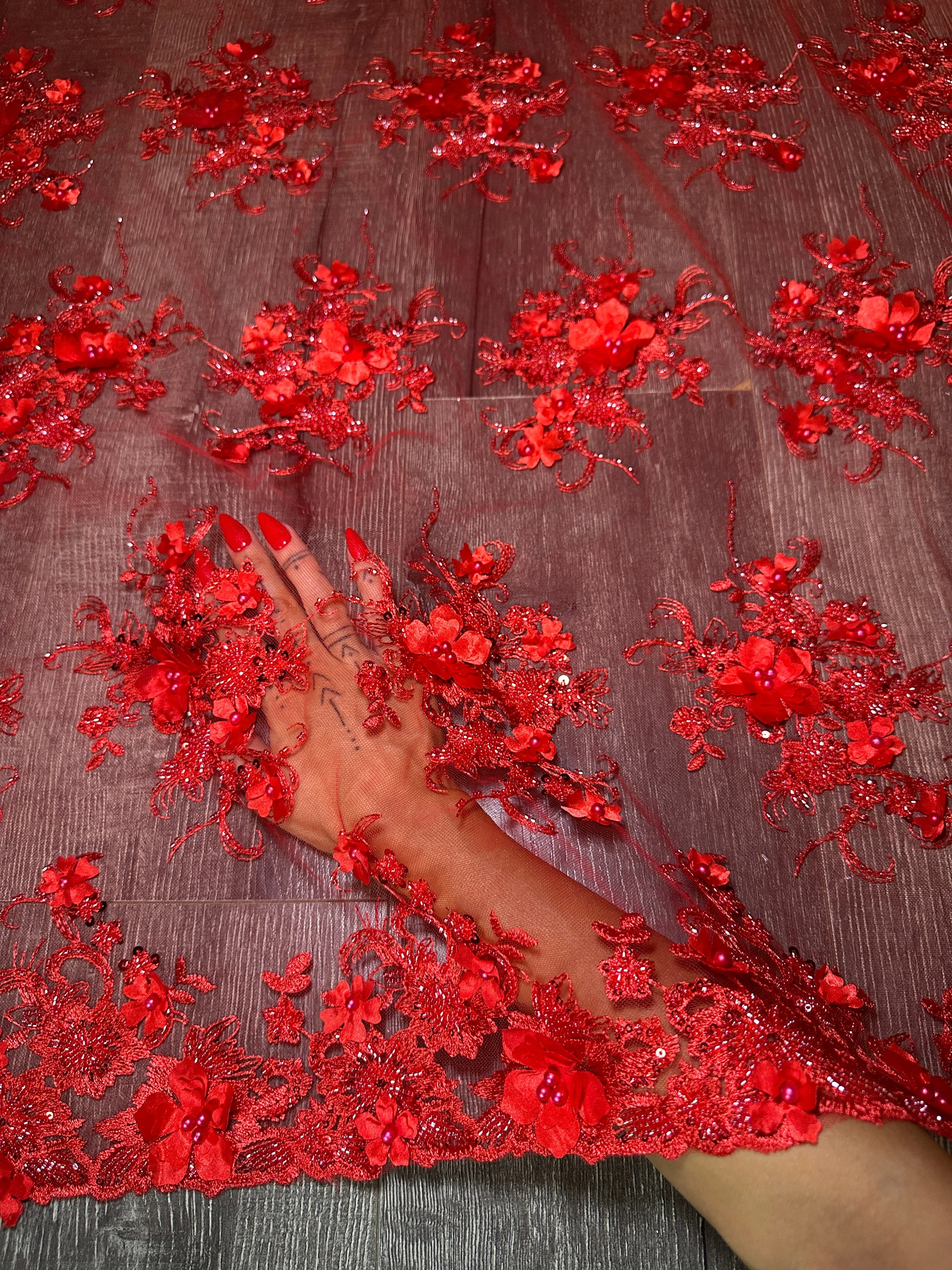 Red 3D Floral Embroidered Beaded Tulle Lace