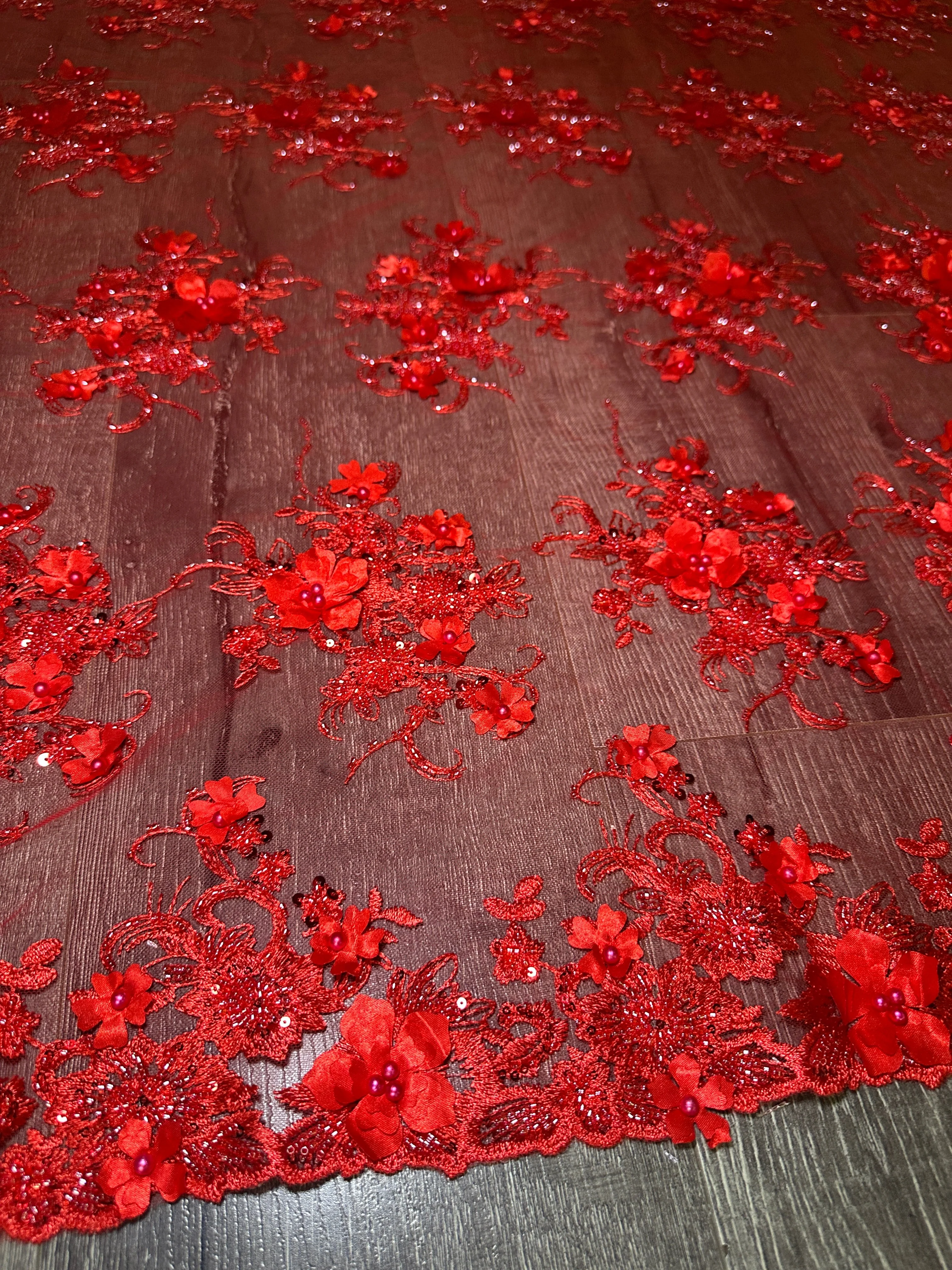 Red 3D Floral Embroidered Beaded Tulle Lace - Image 2