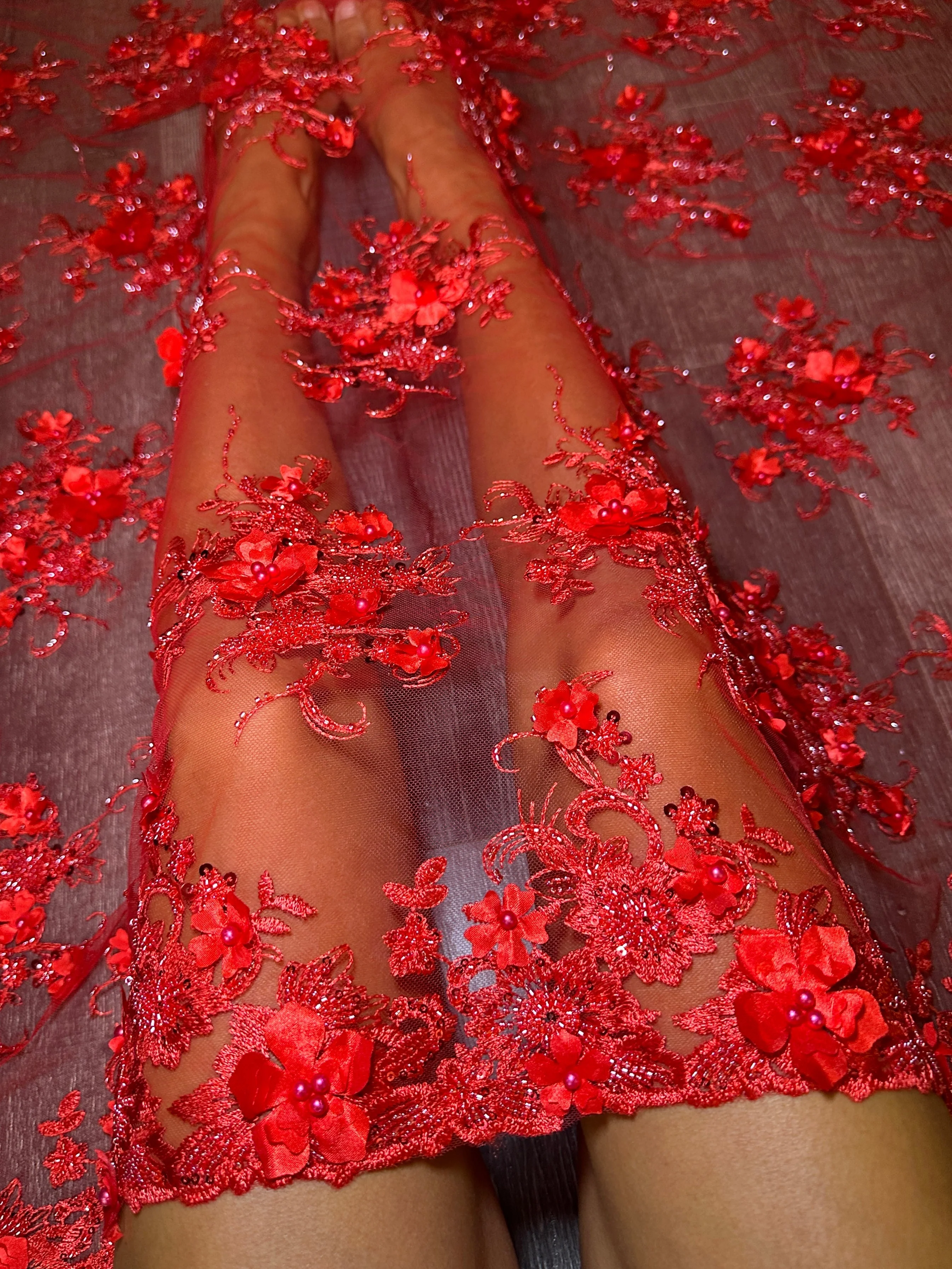 Red 3D Floral Embroidered Beaded Tulle Lace - Image 3