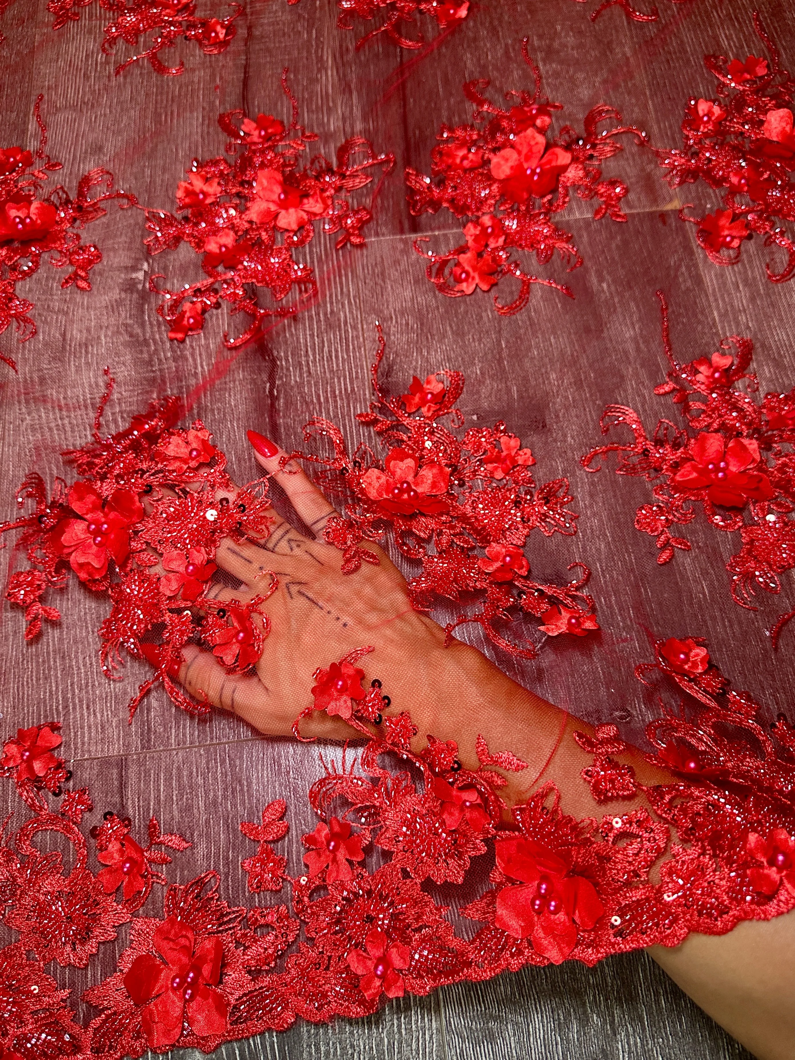 Red 3D Floral Embroidered Beaded Tulle Lace - Image 4