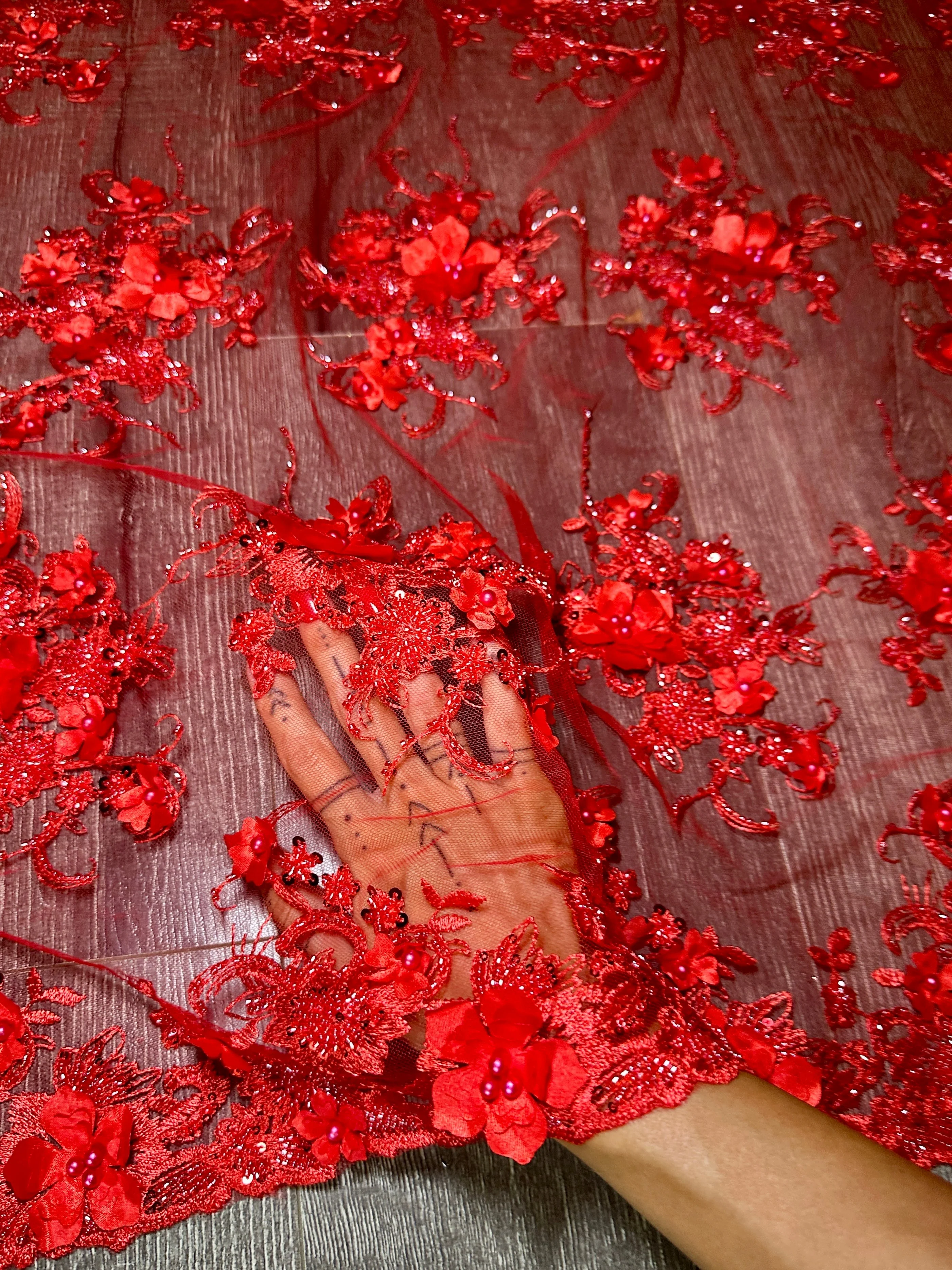 Red 3D Floral Embroidered Beaded Tulle Lace - Image 5
