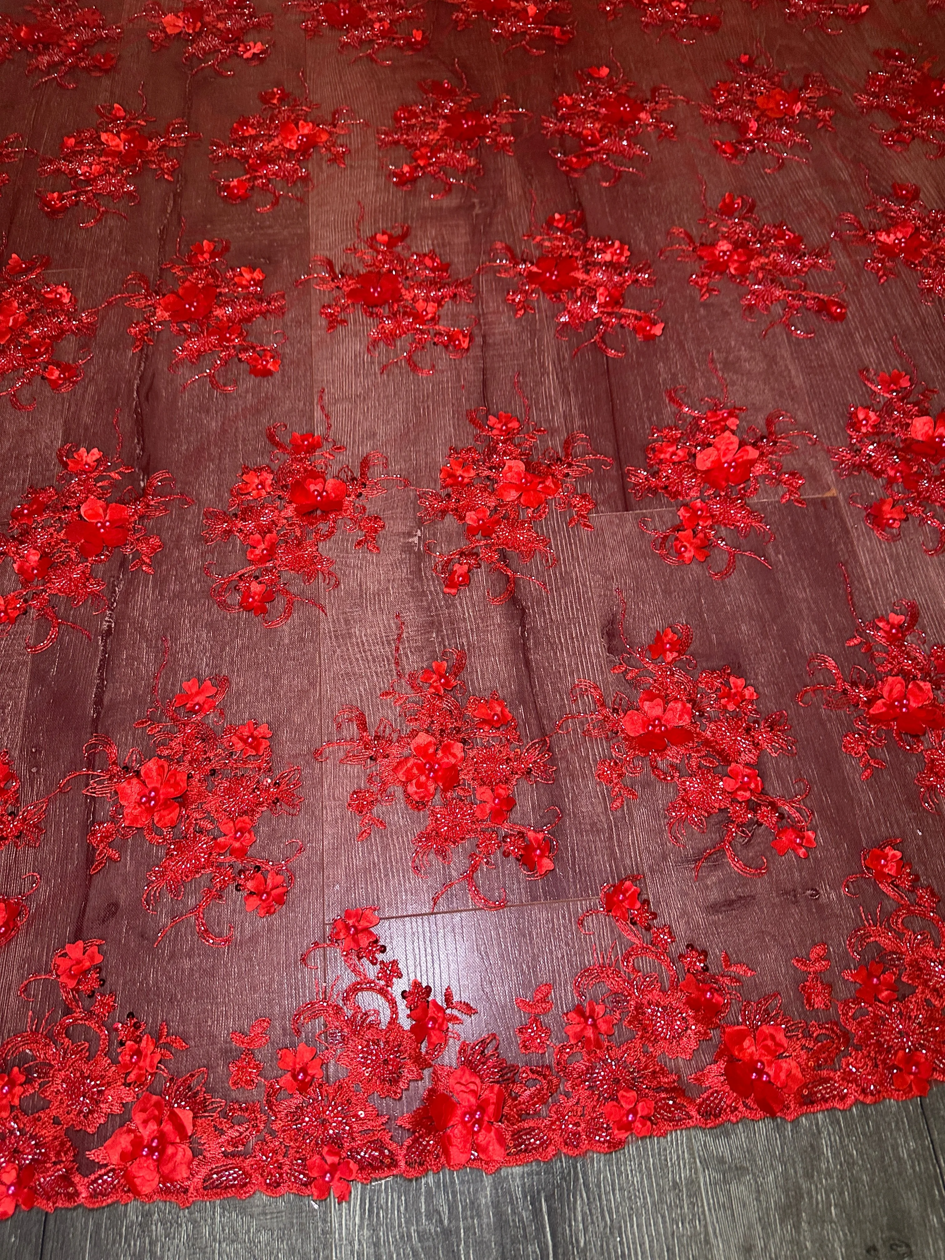 Red 3D Floral Embroidered Beaded Tulle Lace - Image 8