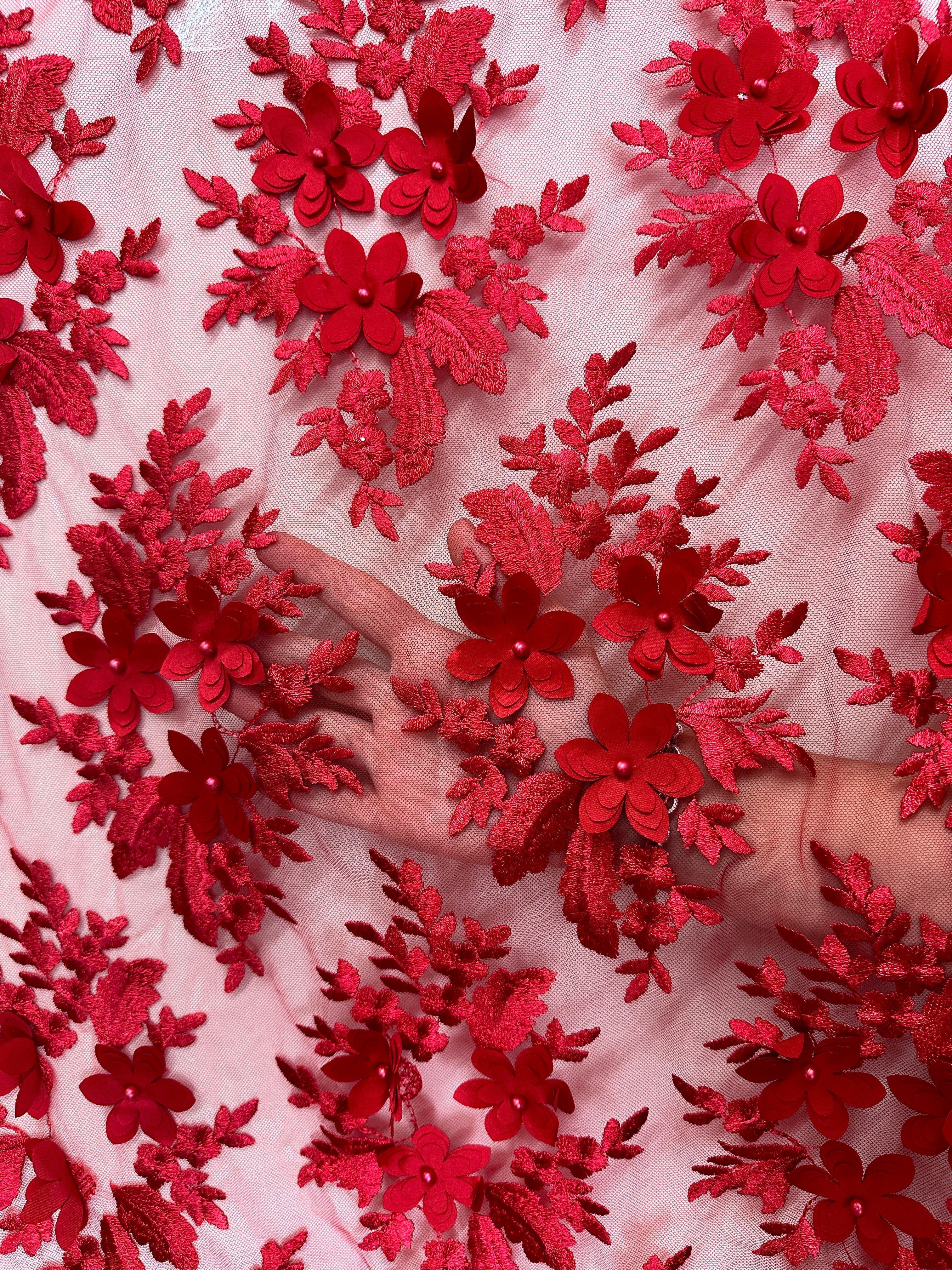 Red 3D Flower Scalloped Mesh Lace