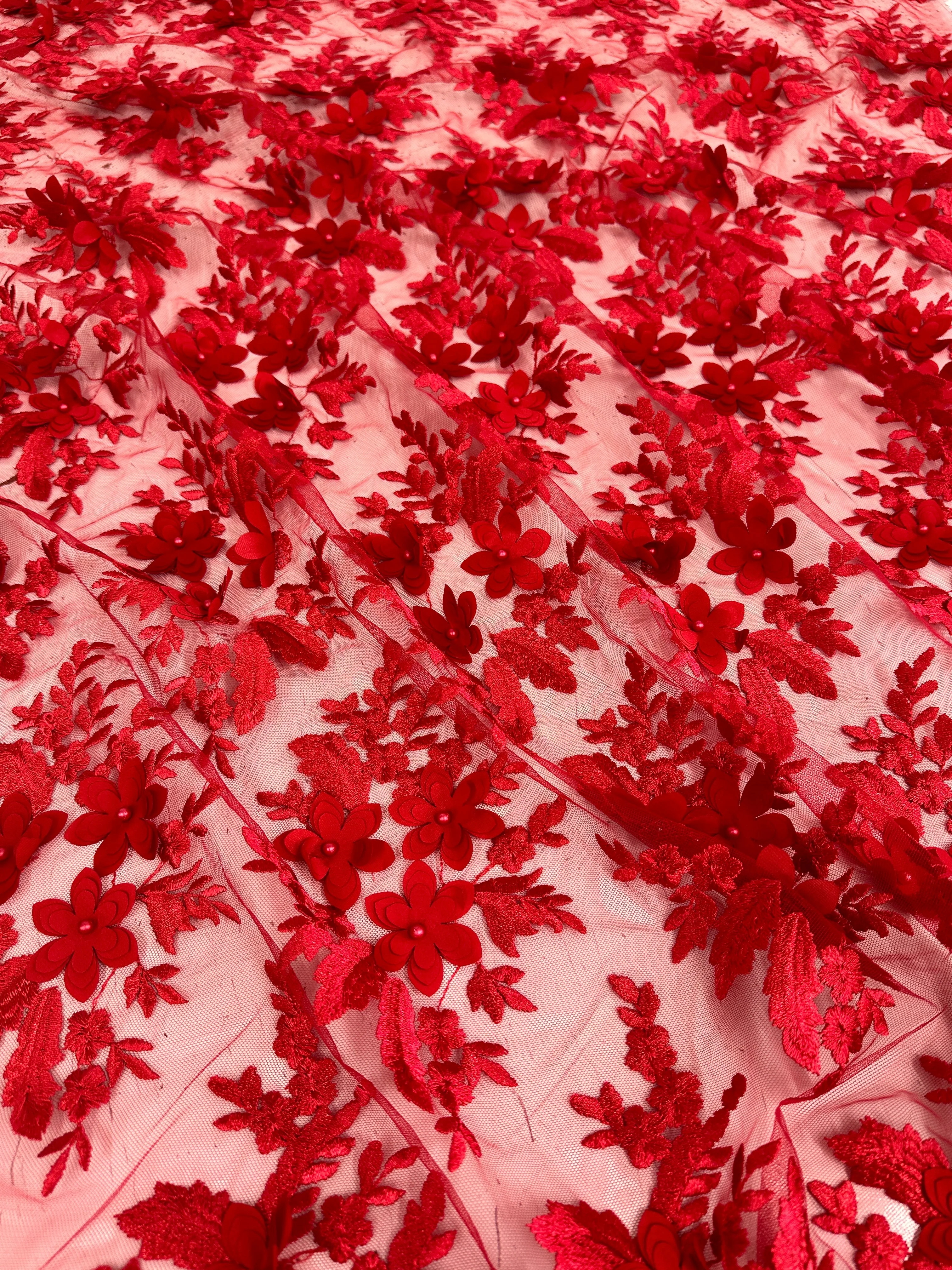 Red 3D Flower Scalloped Mesh Lace - Image 10
