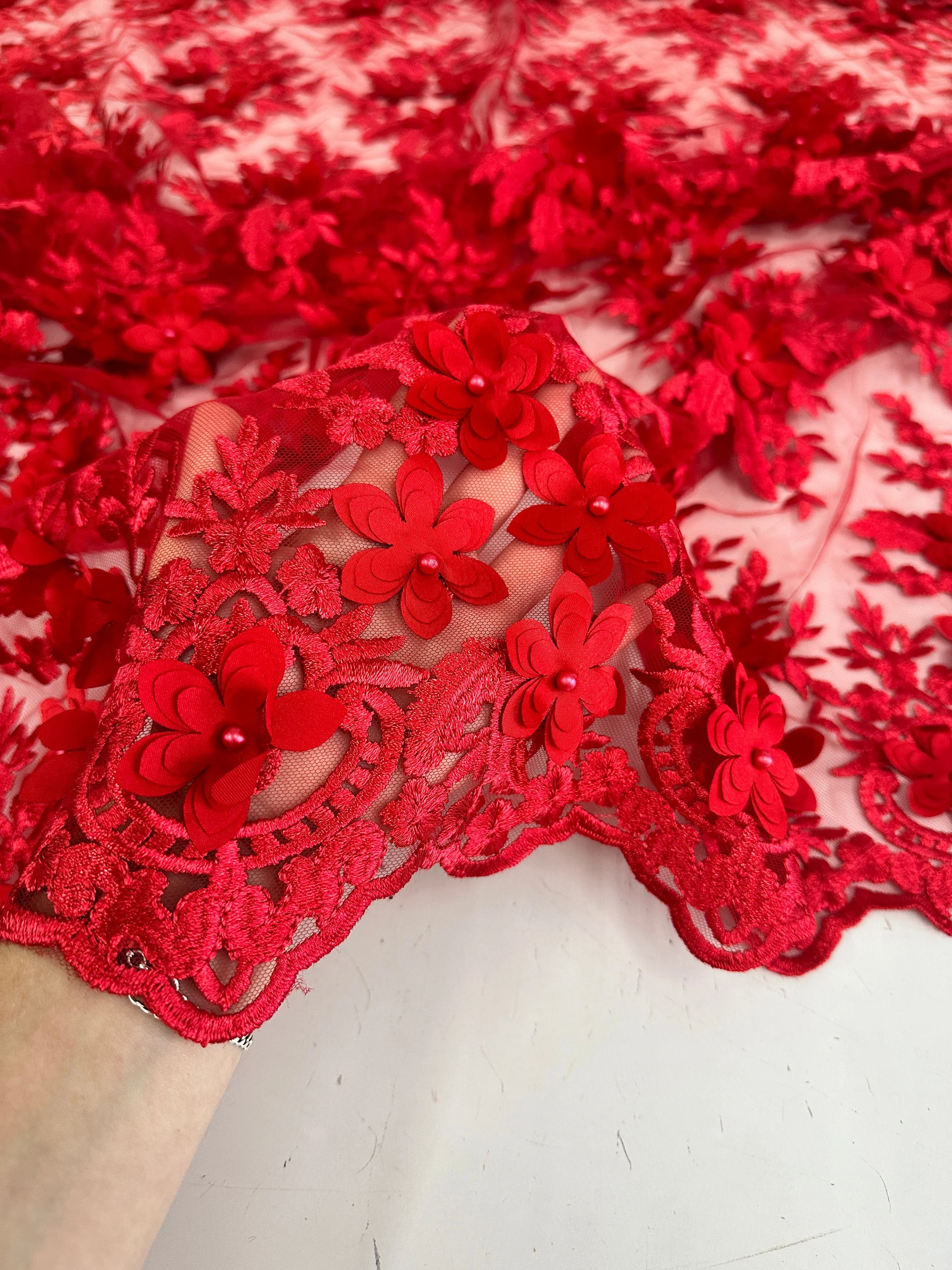 Red 3D Flower Scalloped Mesh Lace - Image 3