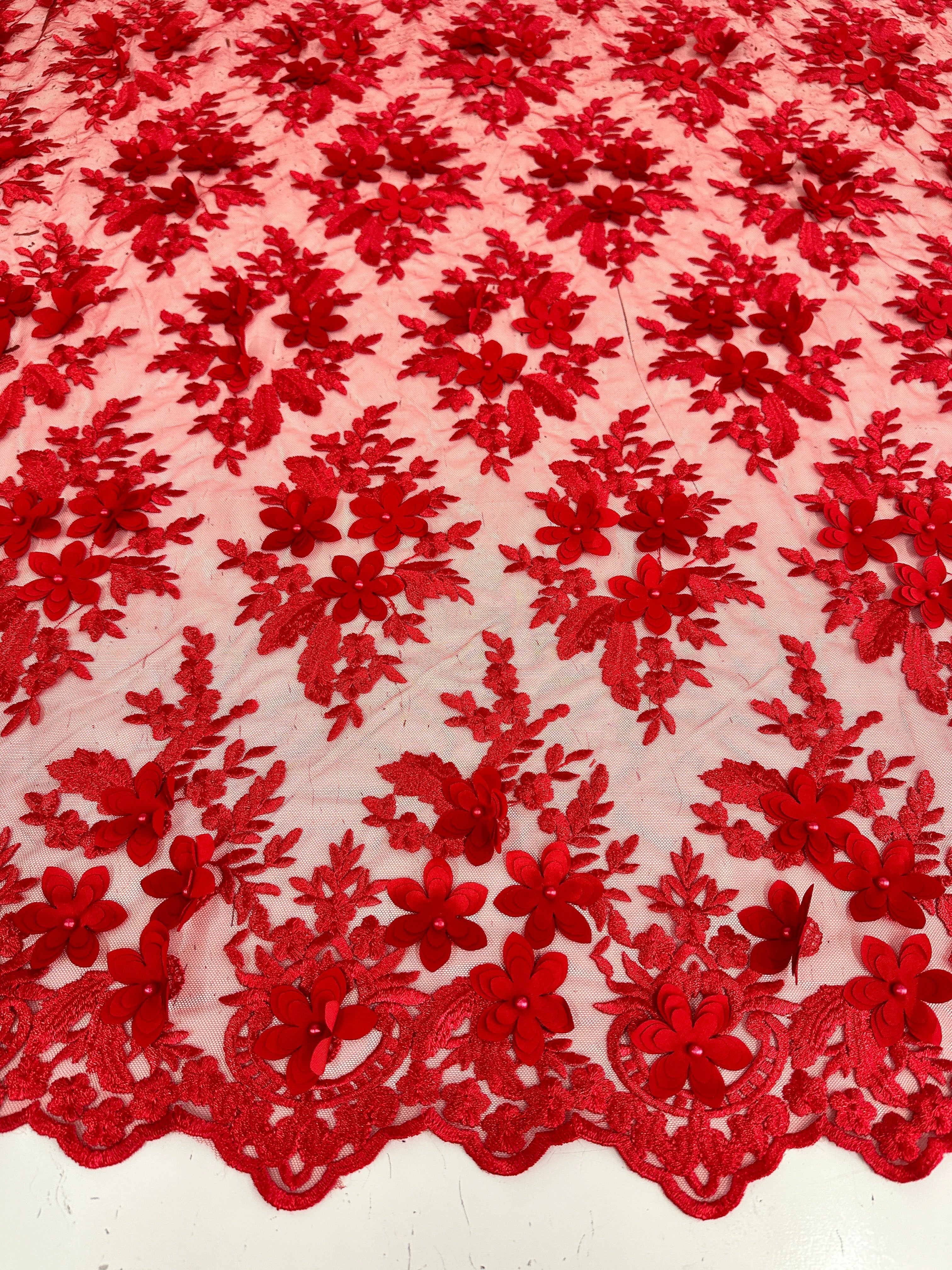 Red 3D Flower Scalloped Mesh Lace - Image 4