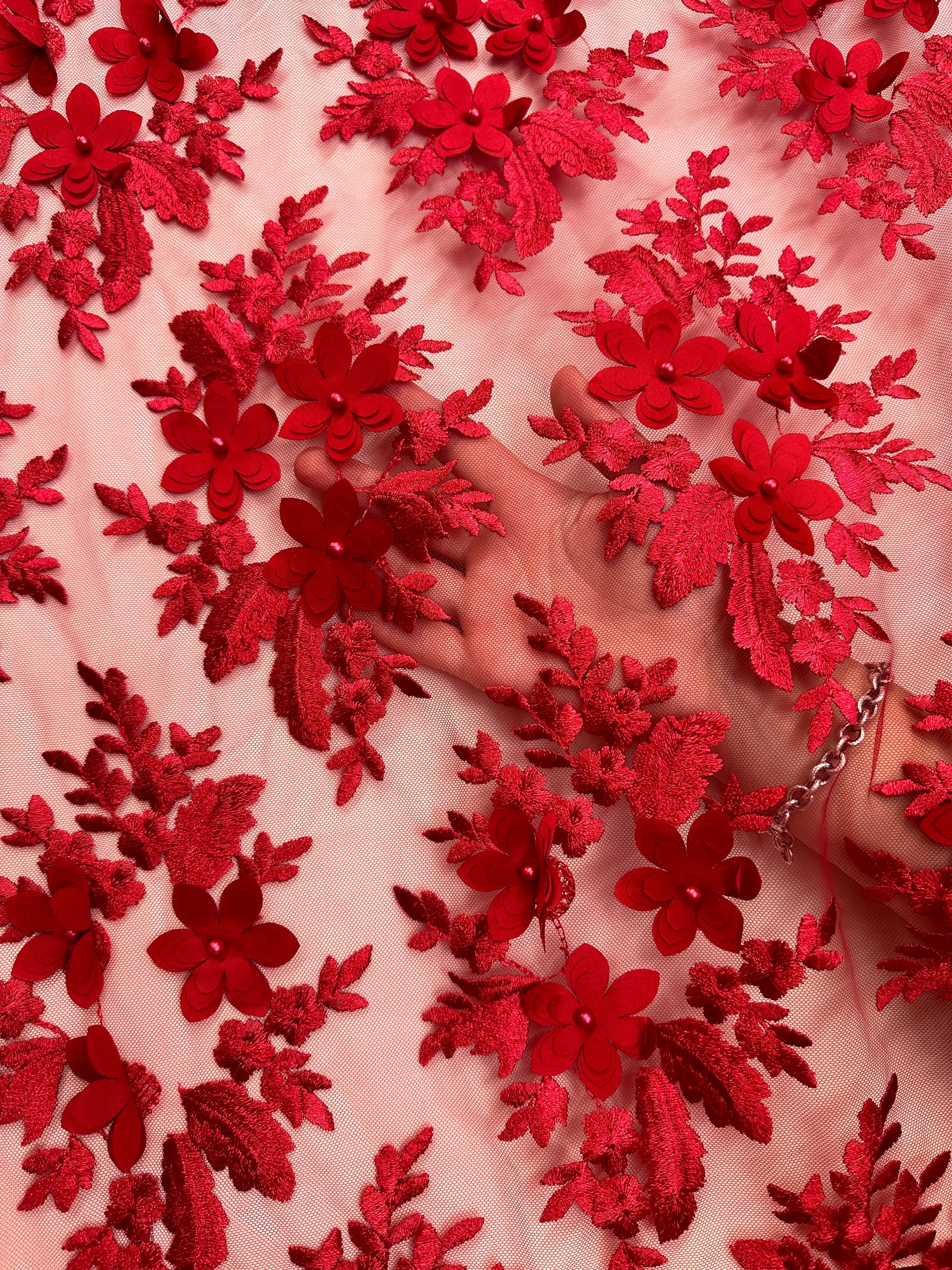 Red 3D Flower Scalloped Mesh Lace - Image 5