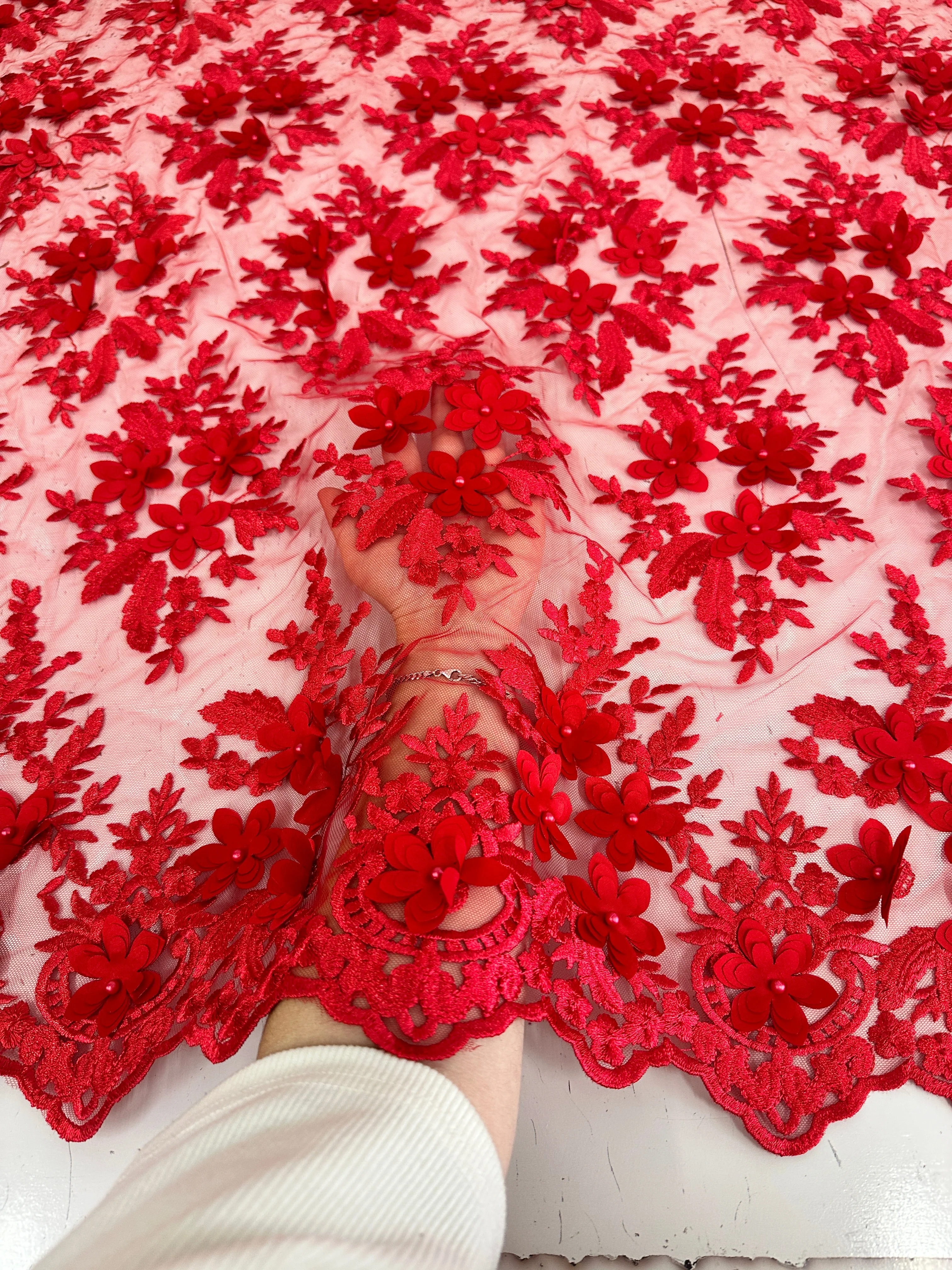 Red 3D Flower Scalloped Mesh Lace - Image 6