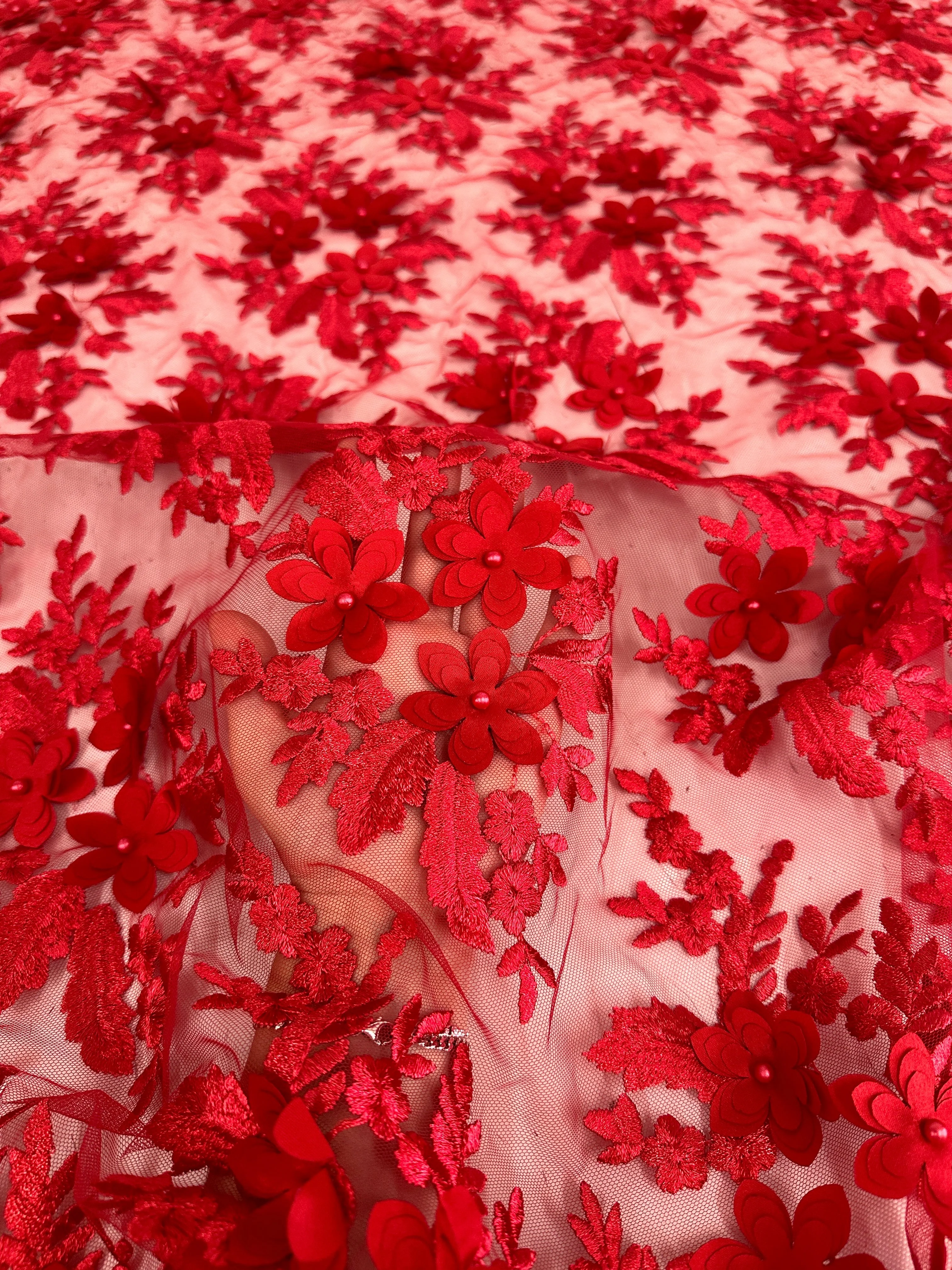 Red 3D Flower Scalloped Mesh Lace - Image 7