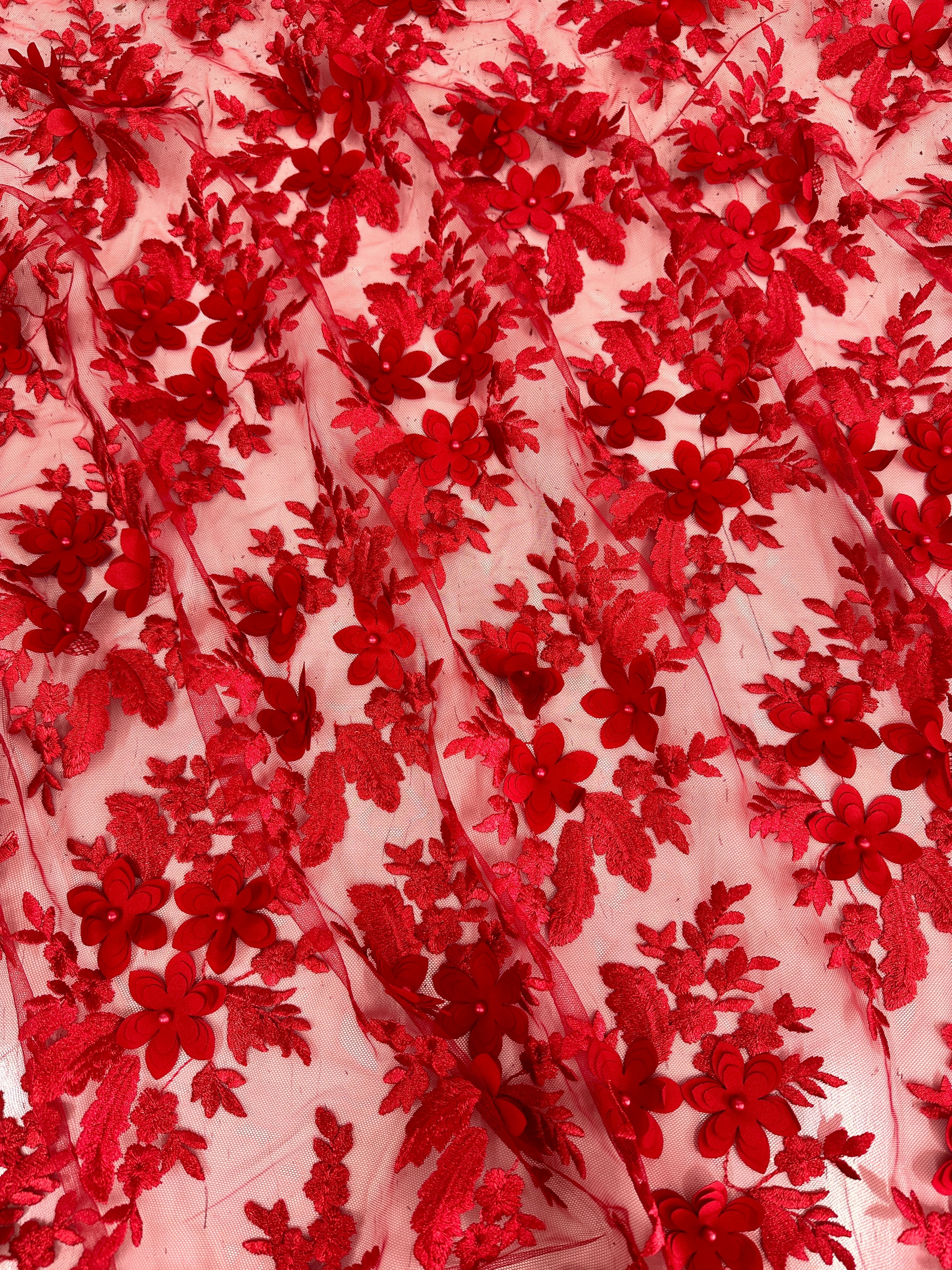 Red 3D Flower Scalloped Mesh Lace - Image 8