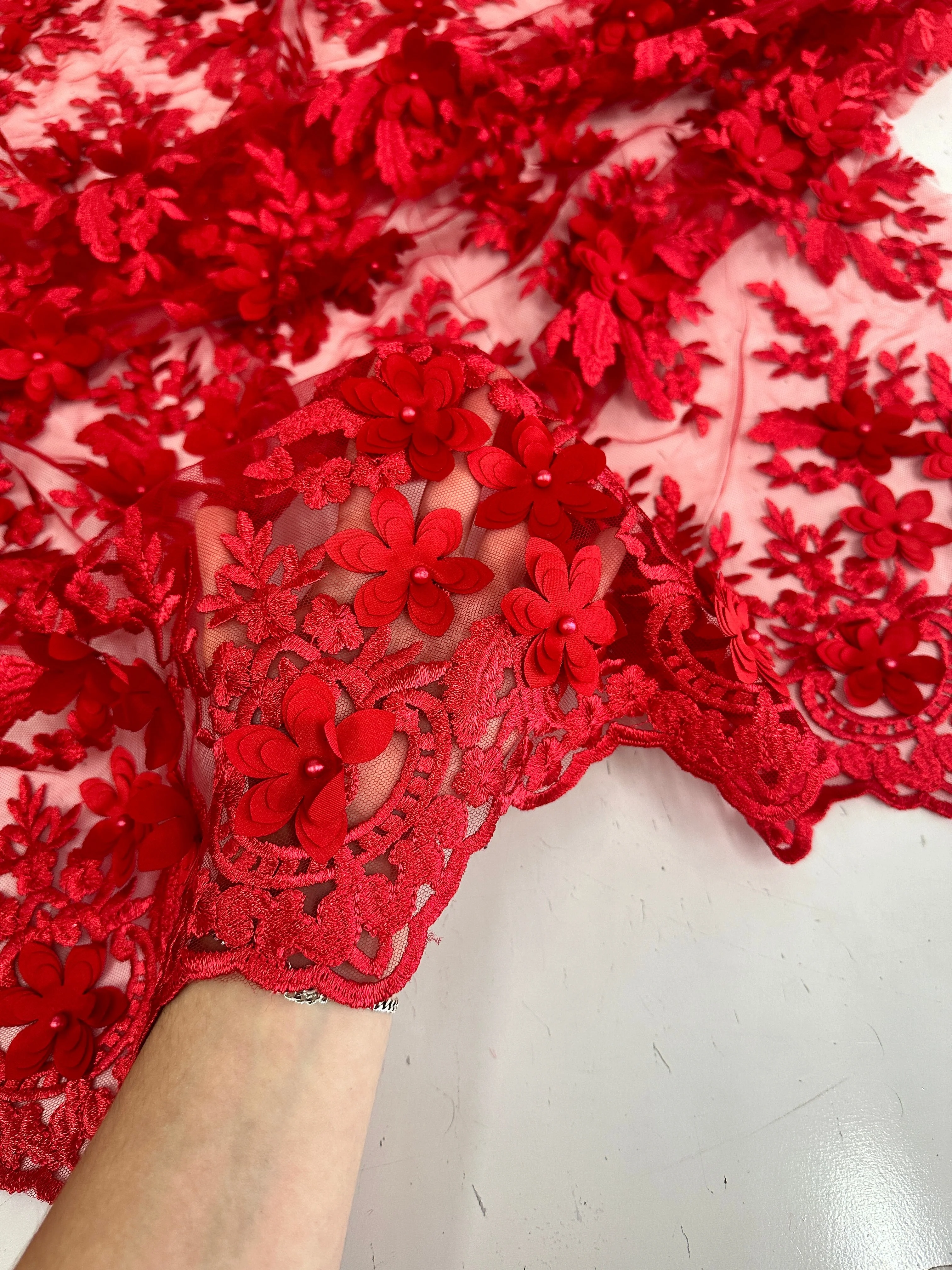 Red 3D Flower Scalloped Mesh Lace - Image 9