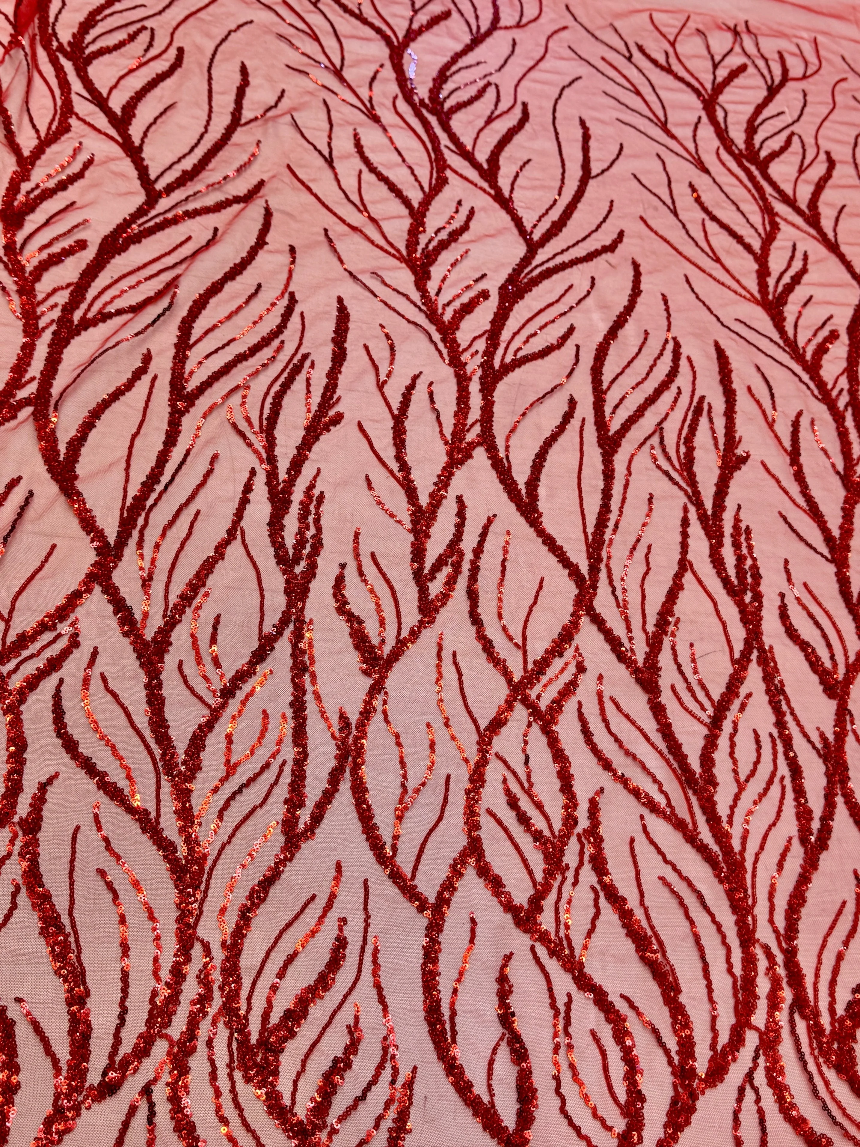 Red Abstract Branch Beaded Sequin Lace on Mesh - Image 2