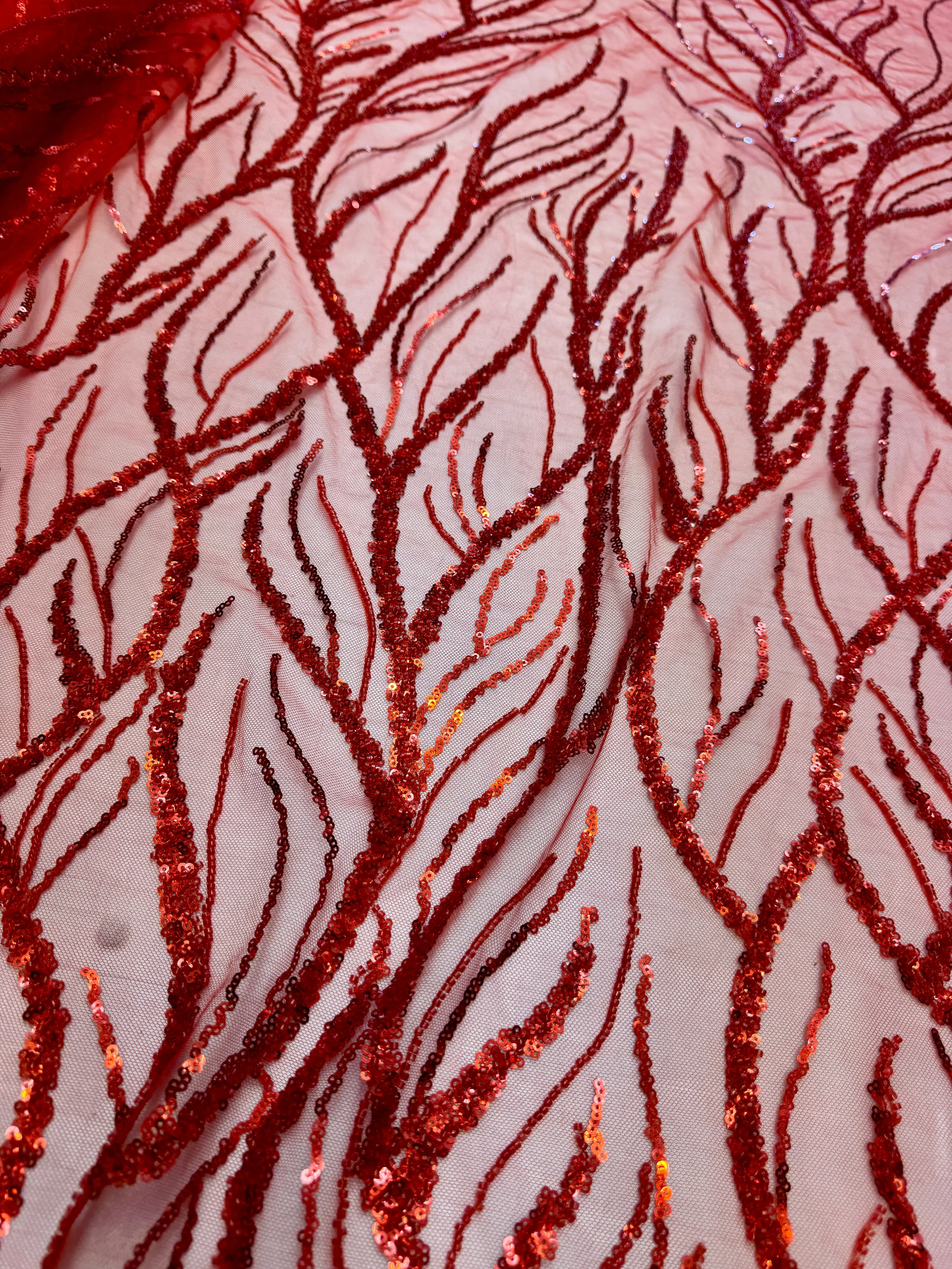 Red Abstract Branch Beaded Sequin Lace on Mesh - Image 3