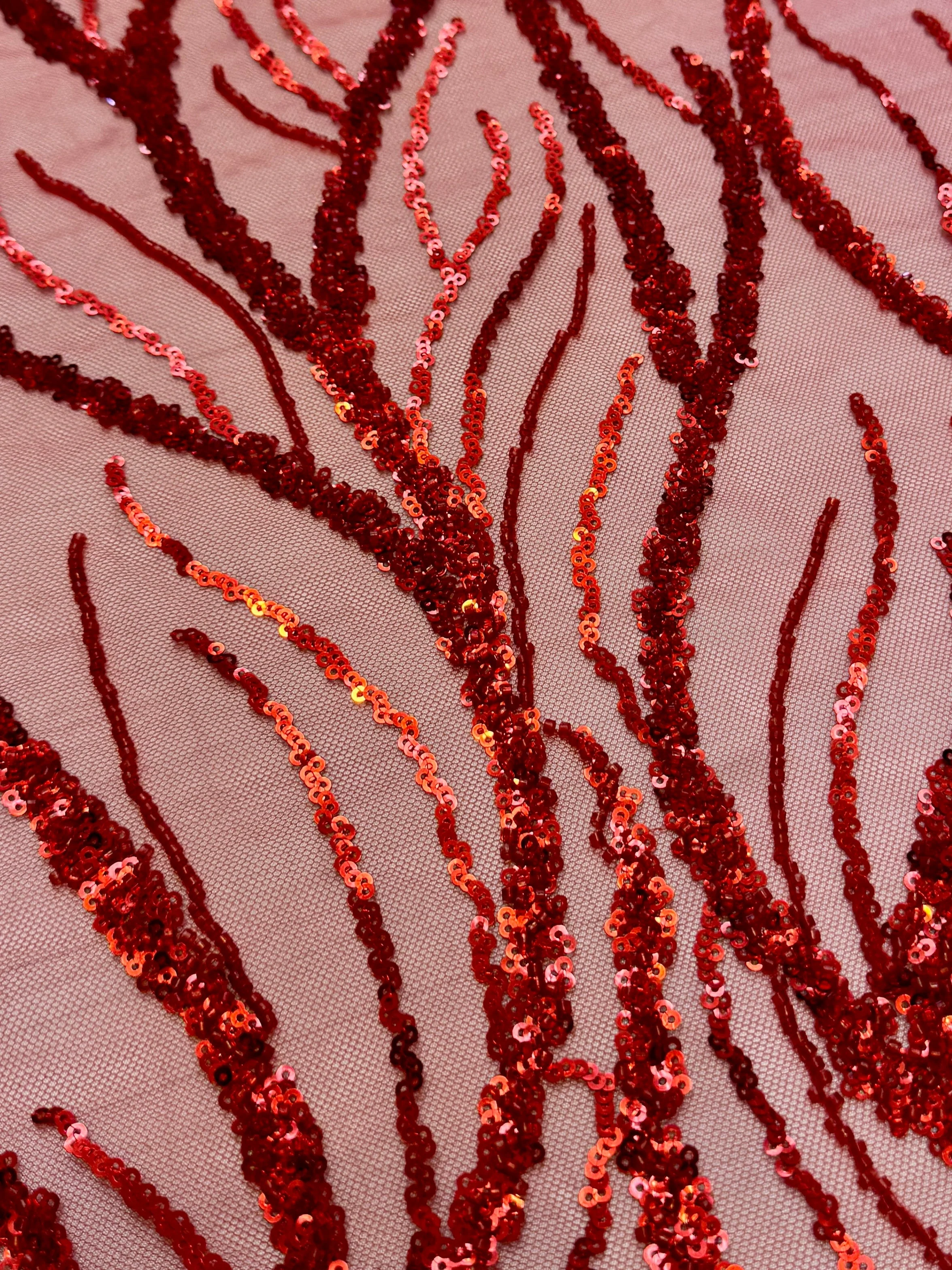 Red Abstract Branch Beaded Sequin Lace on Mesh - Image 4