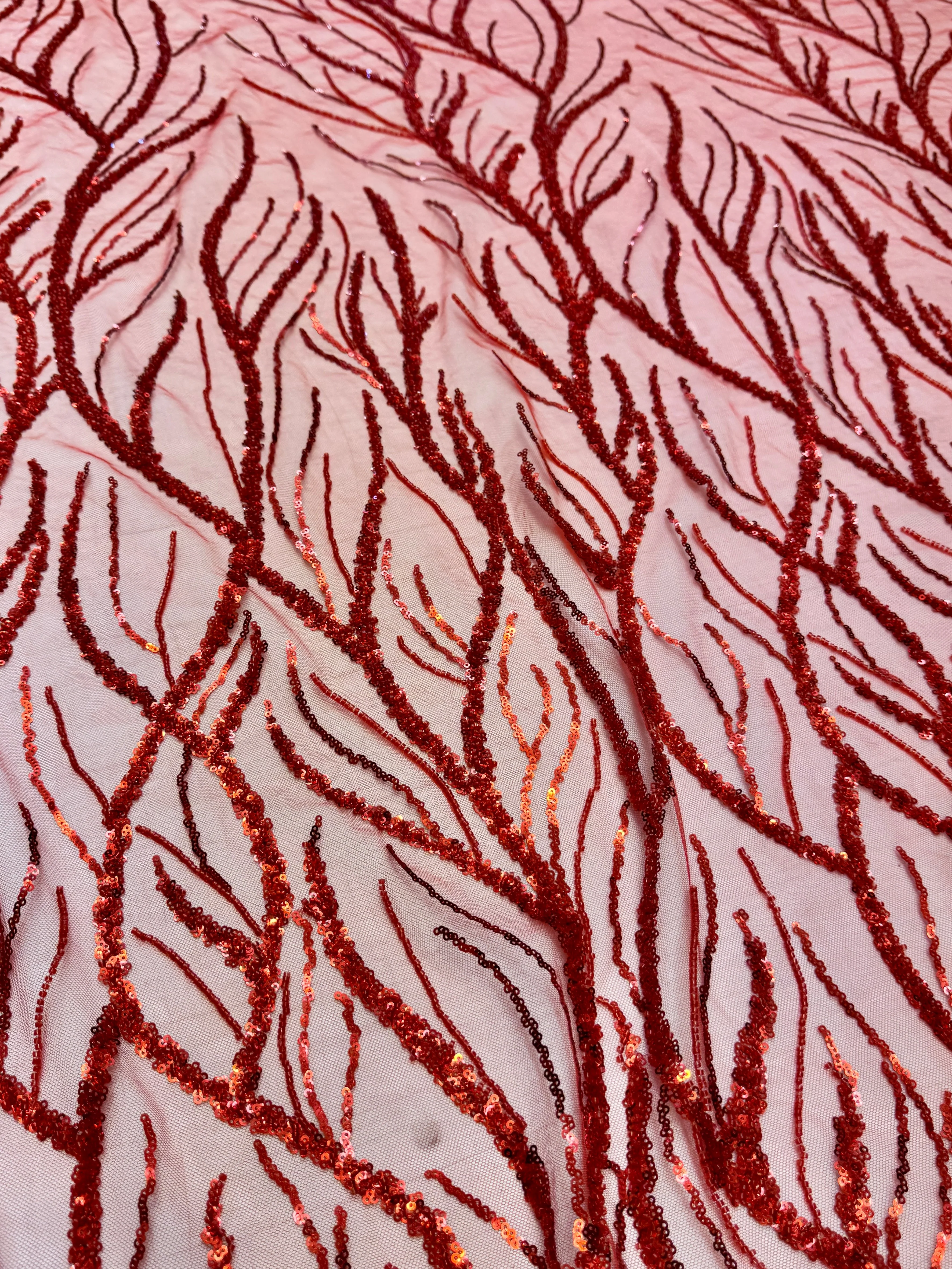 Red Abstract Branch Beaded Sequin Lace on Mesh - Image 5