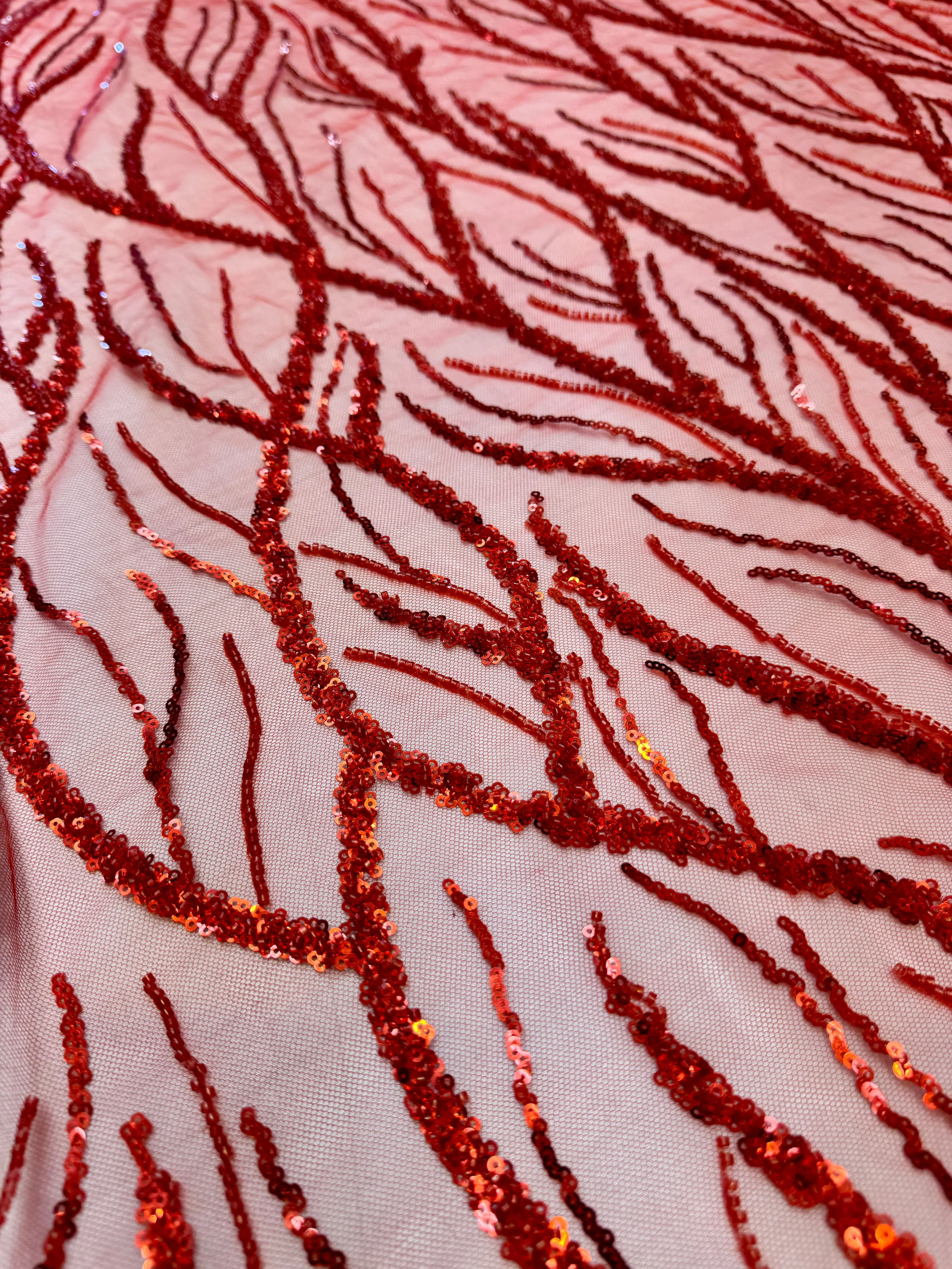 Red Abstract Branch Beaded Sequin Lace on Mesh - Image 6