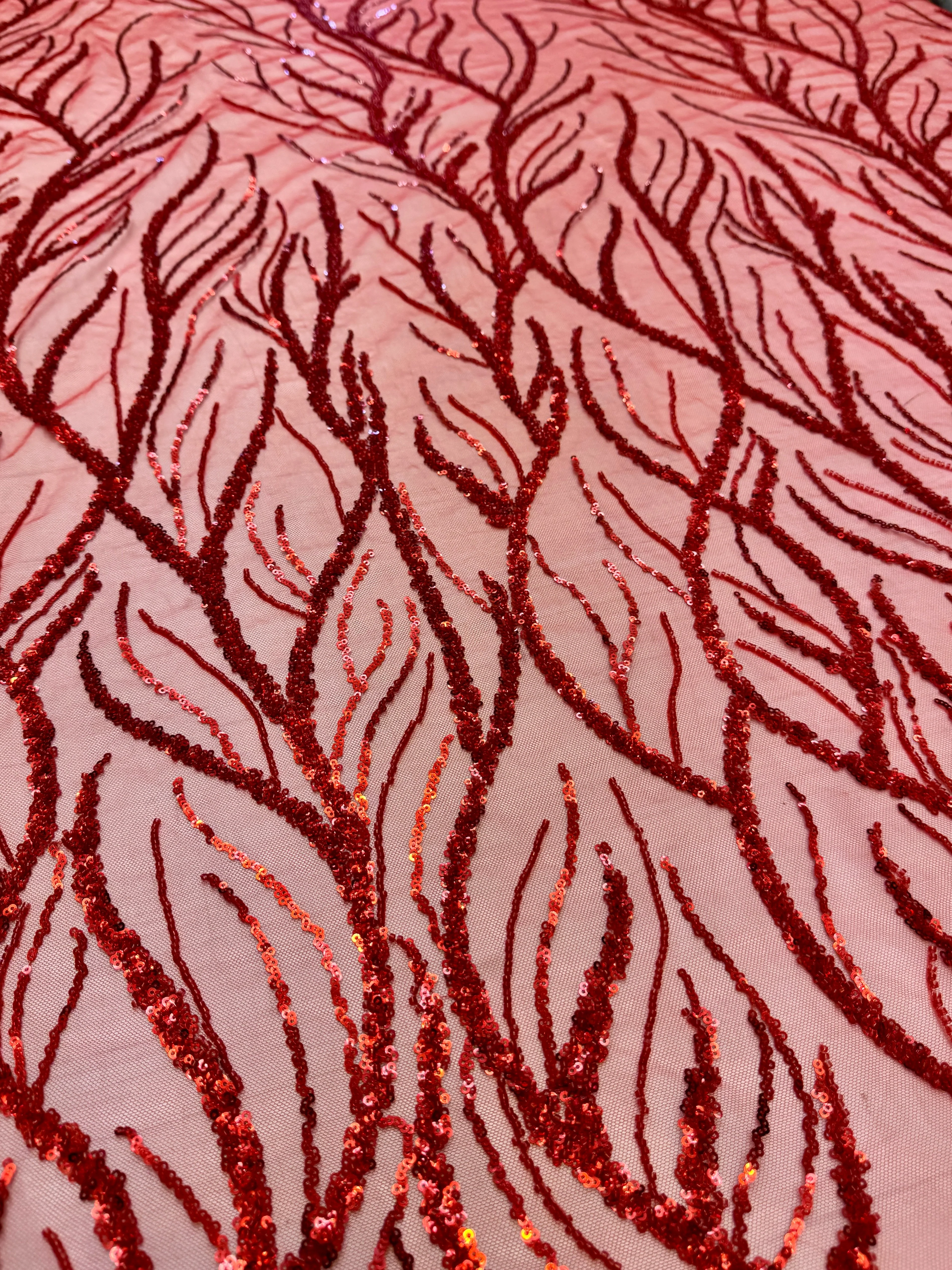 Red Abstract Branch Beaded Sequin Lace on Mesh - Image 7